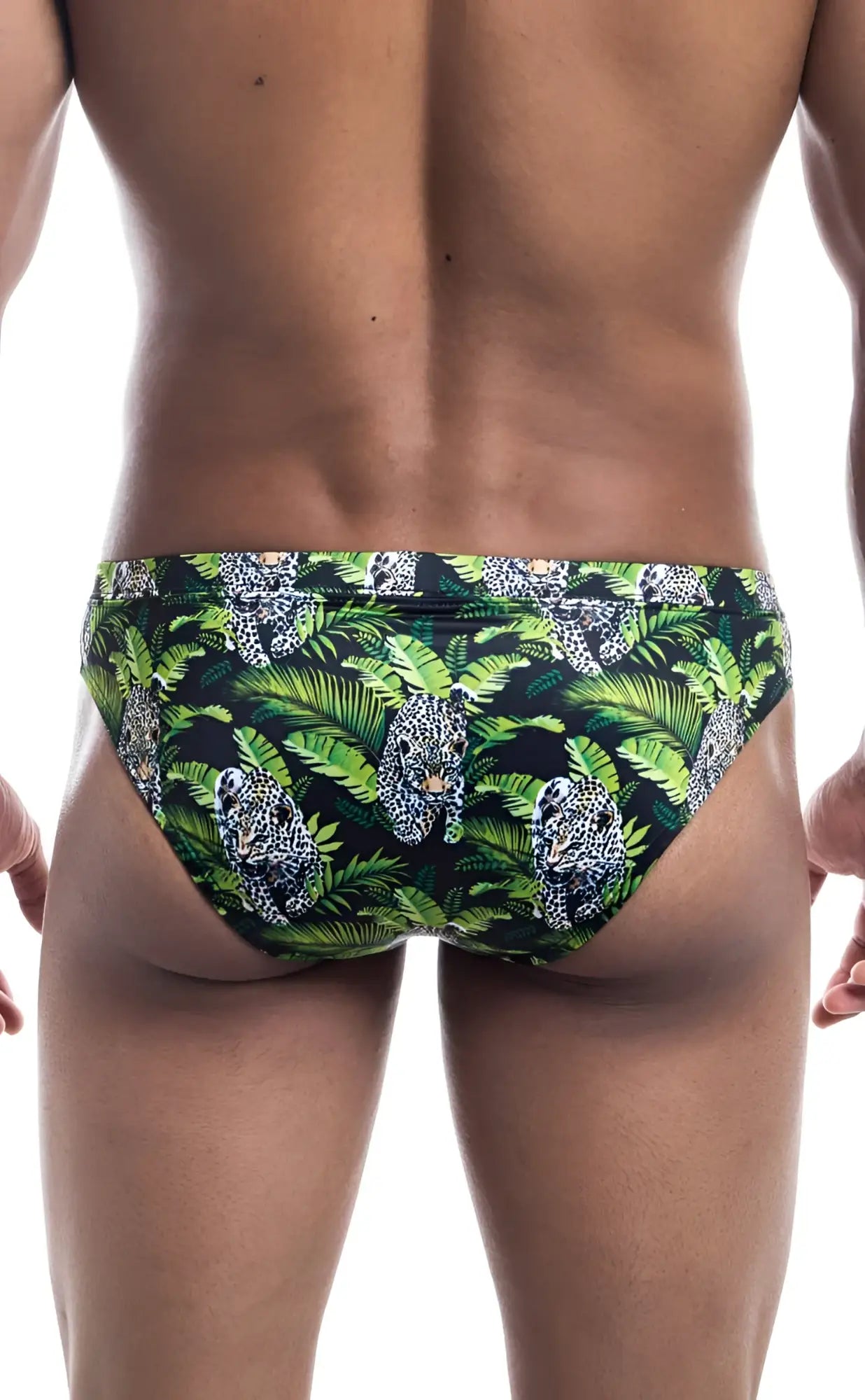 Oceanico swim bikini green and black swim trunks with vibrant tropical leopard and palm leaf pattern
