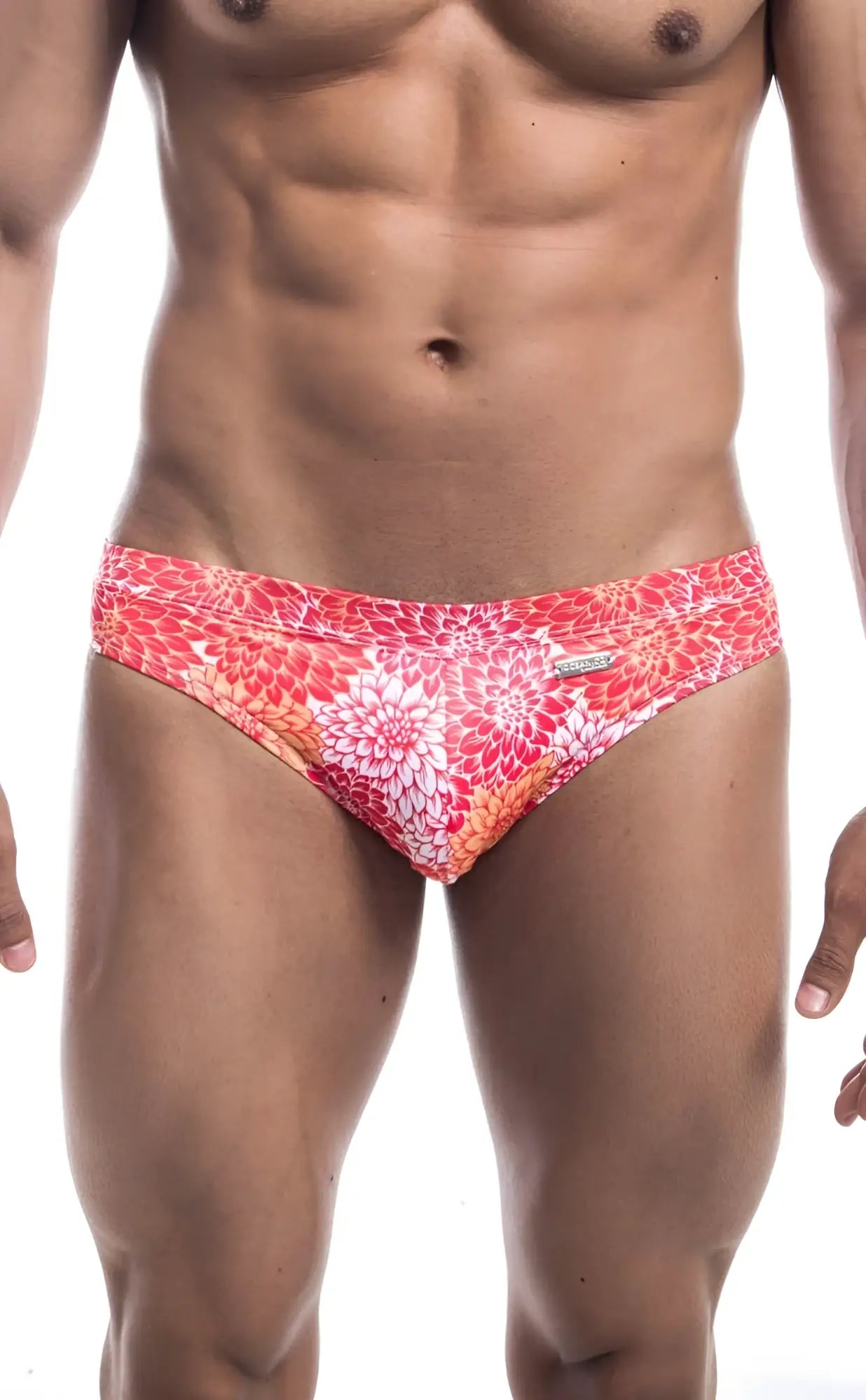 Oceanico swim bikini vibrant coral and white floral-patterned men’s swim trunks for beachwear