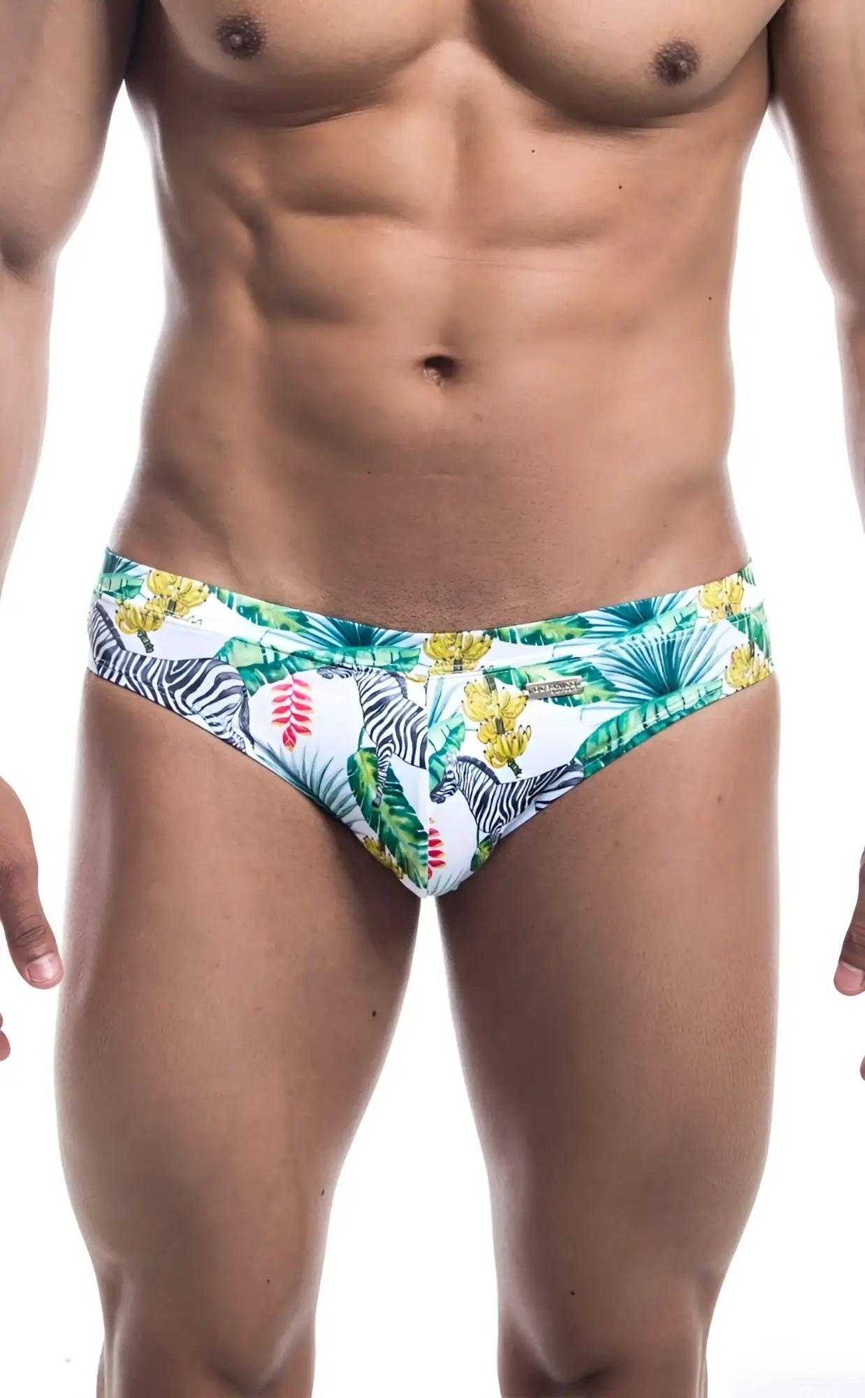 Oceanico swim bikini vibrant tropical-patterned trunks with zebra stripes green palm leaves and yellow flowers on white base