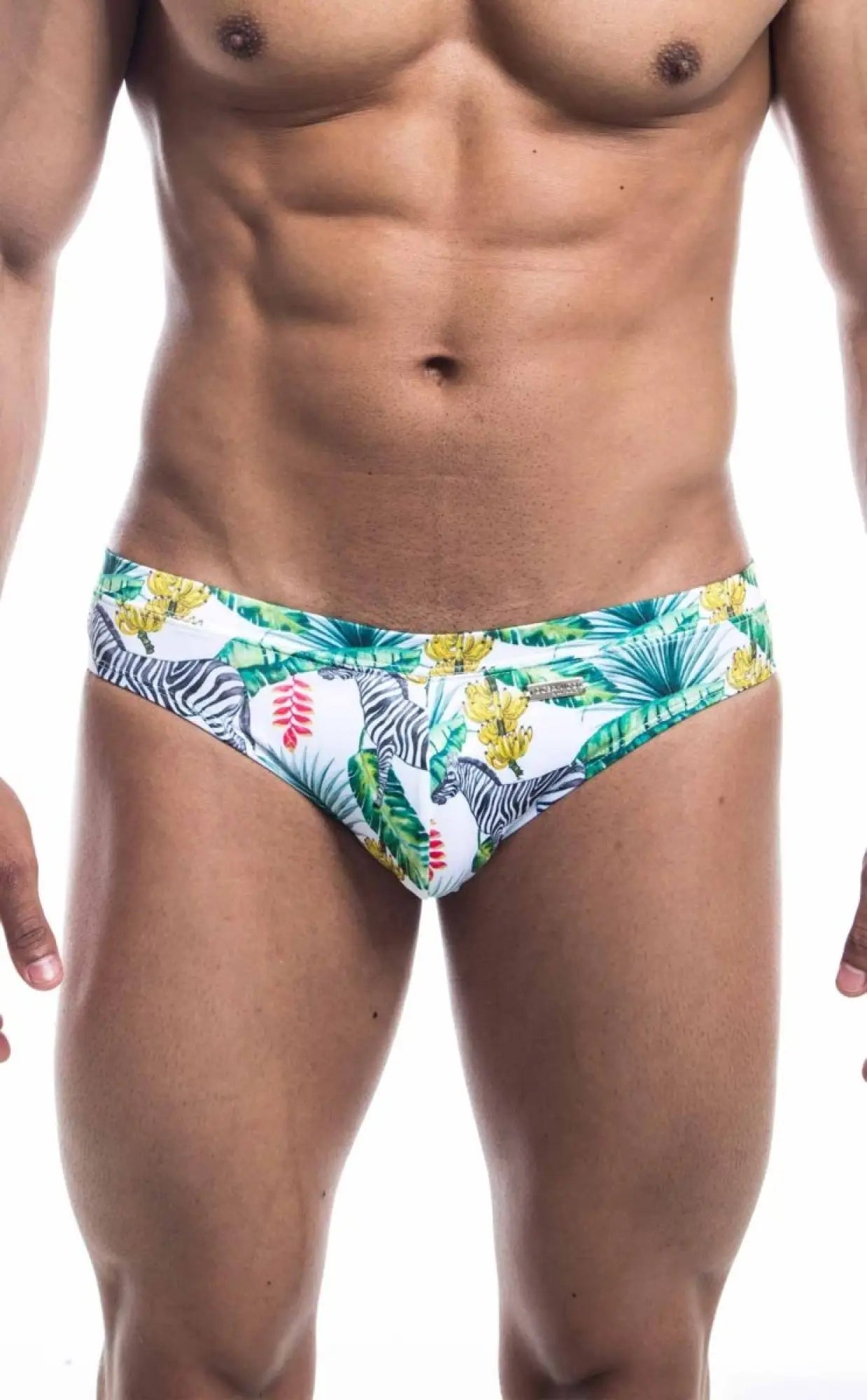 Oceanico swim bikini vibrant tropical swim trunks with zebra stripes green palm leaves and yellow flowers on white base