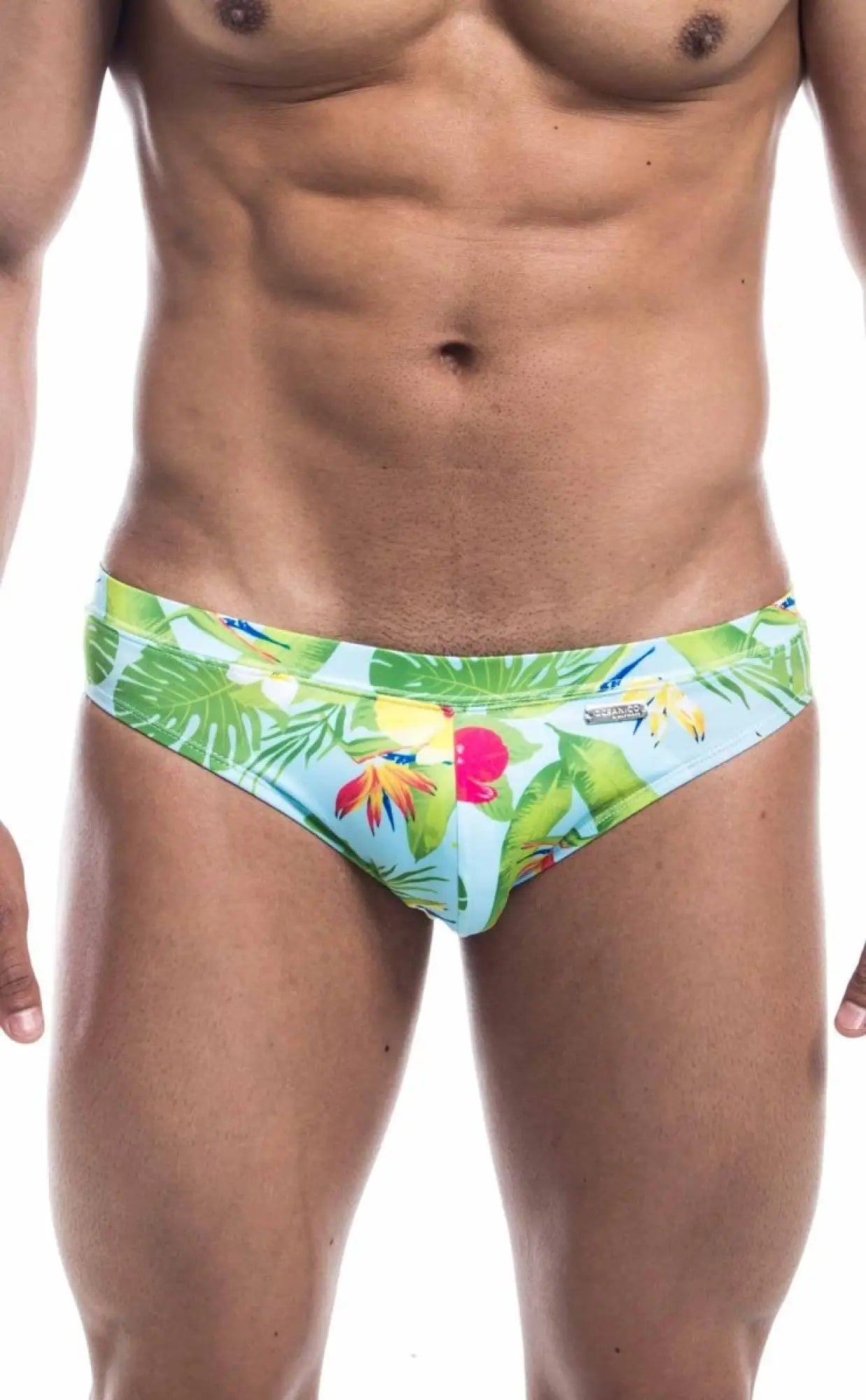 Oceanico swim bikini vibrant tropical print swim trunks in light blue green and pink with bold leaf and flower pattern