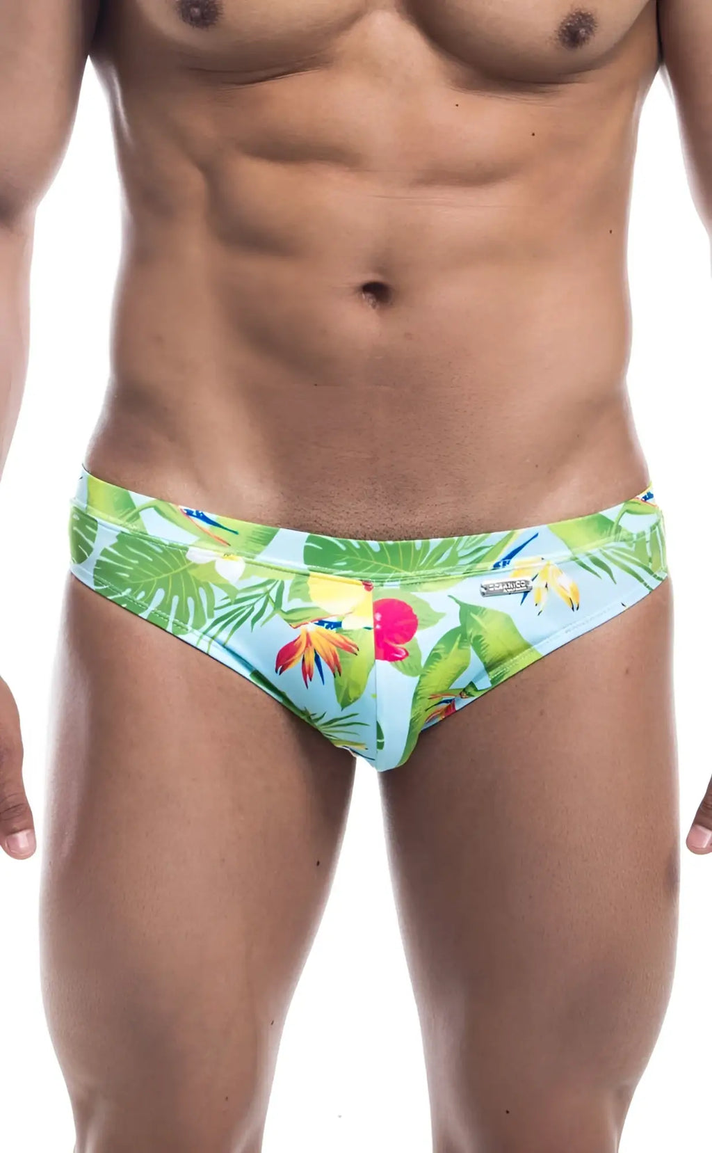 Oceanico swim bikini vibrant tropical print swim trunks in light blue green and pink with bold leaf and flower design