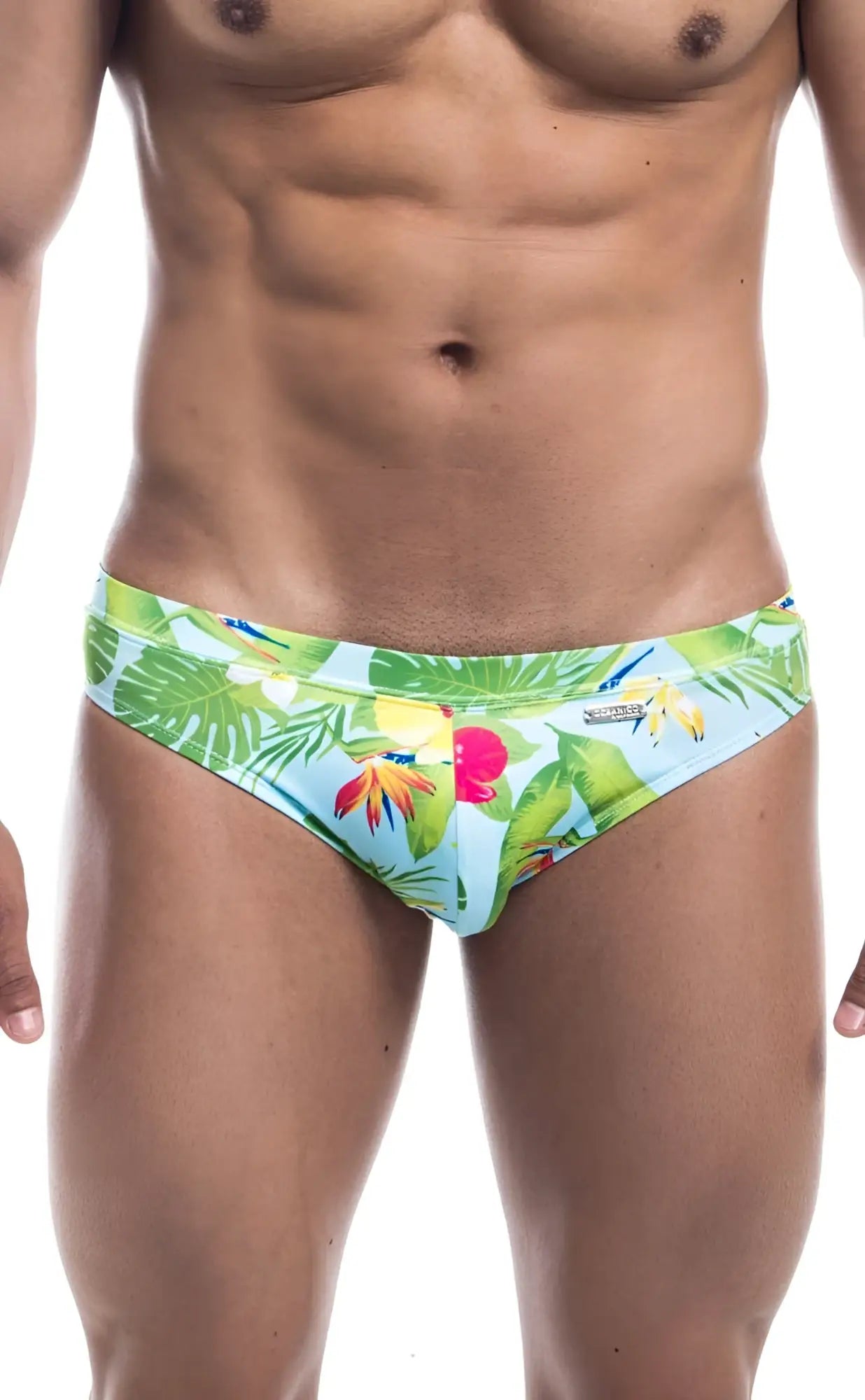 Oceanico swim bikini vibrant tropical print swim trunks in light blue green and pink with bold leaf and flower design