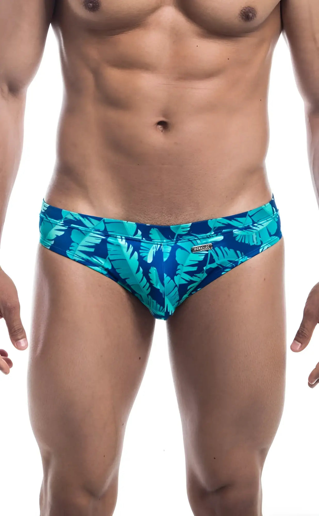 Oceanico swim bikini turquoise and deep blue tropical leaf-patterned swim trunks for vibrant beachwear