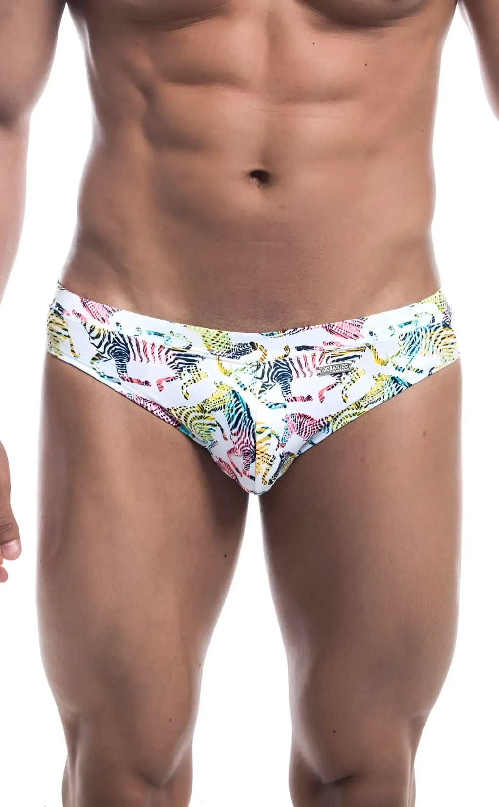 White Oceanico swim trunks with vibrant multicolored zebra print pattern perfect for beach and pool use