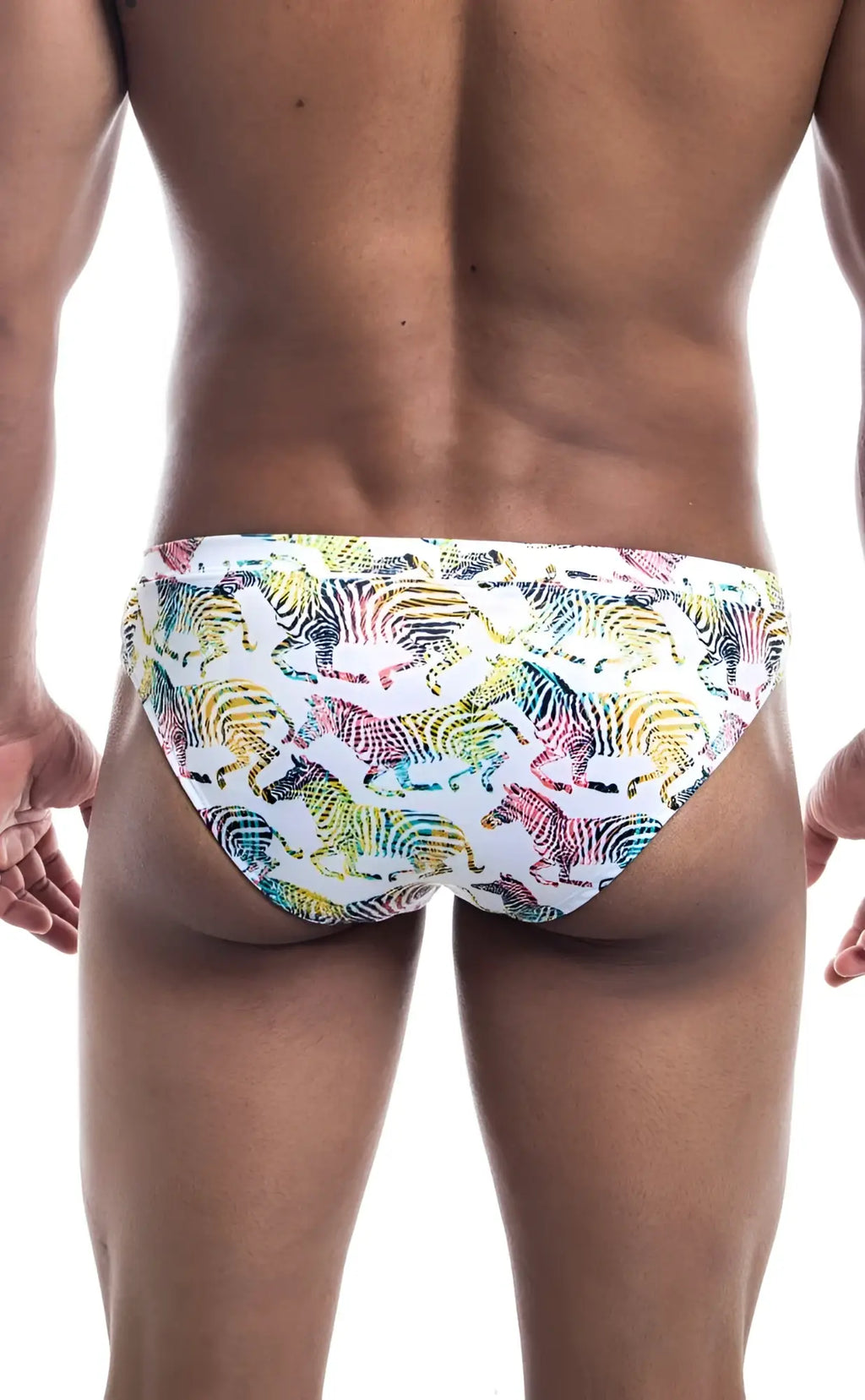 Oceanico swim bikini white swim trunks with vibrant multicolored rainbow zebra pattern for beachwear