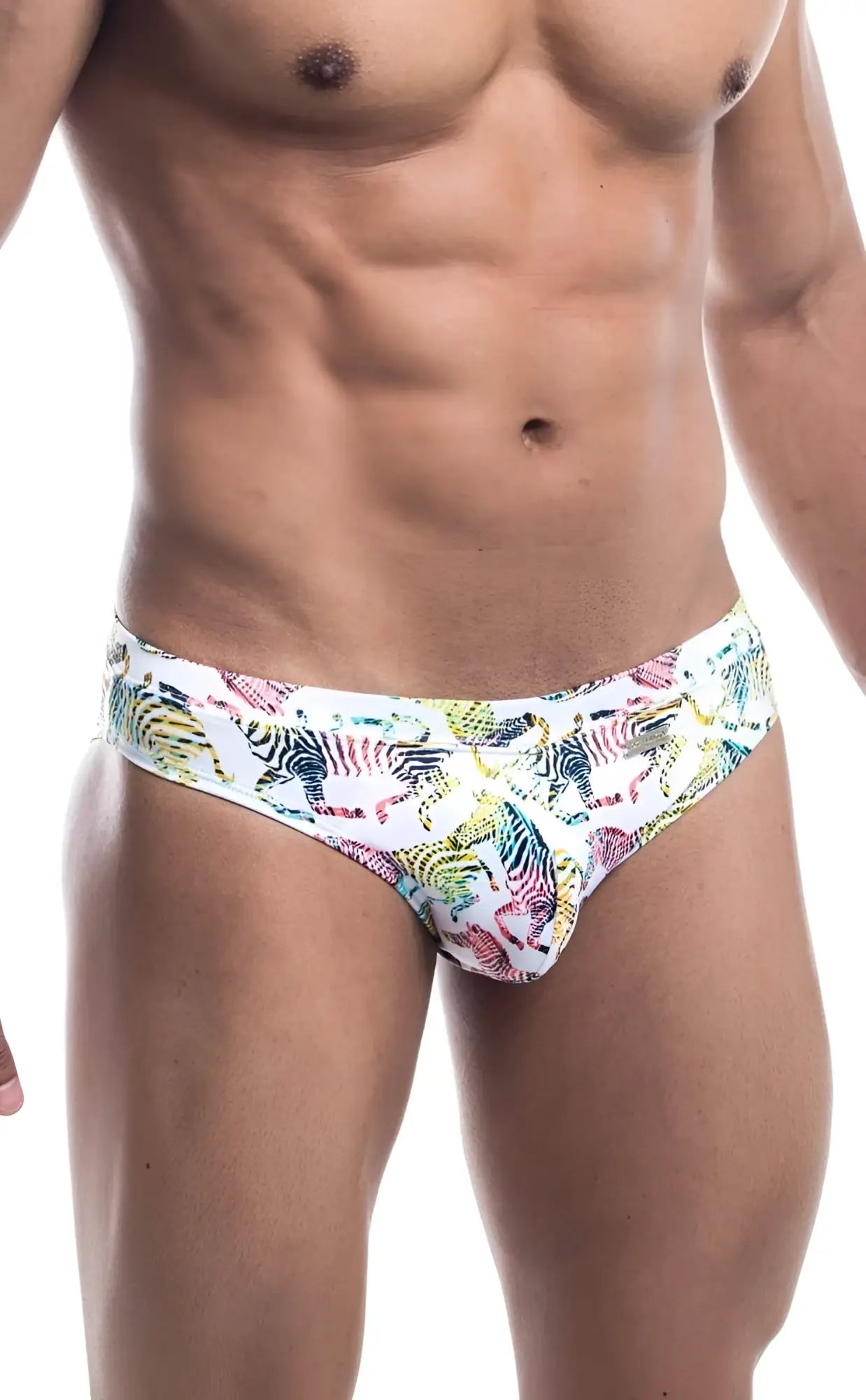 Oceanico swim bikini white swim trunks with vibrant multicolored zebra pattern in rainbow hues for beachwear