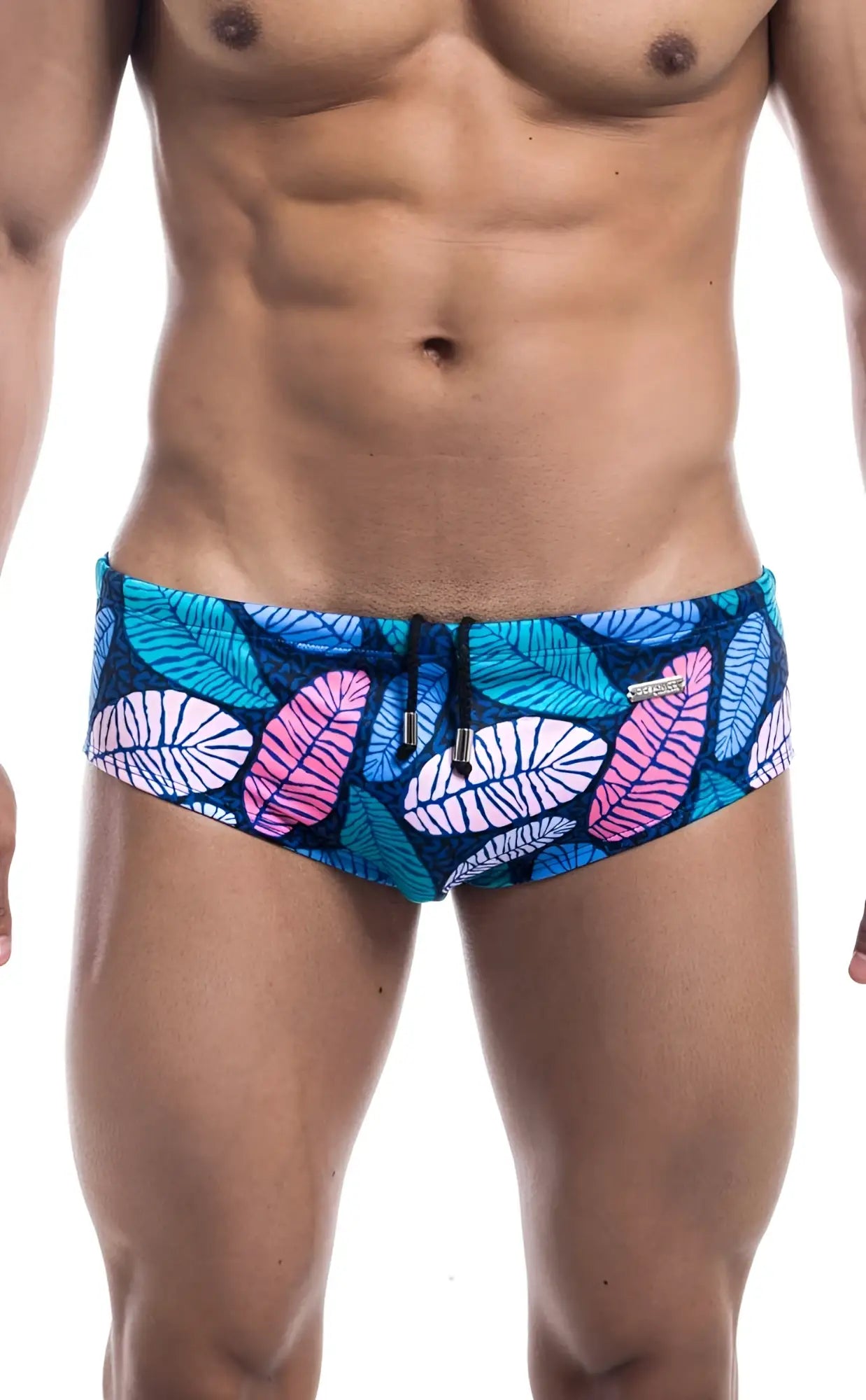 Oceanico swim brief blue and pink tropical leaf patterned swim trunks with black drawstring front view