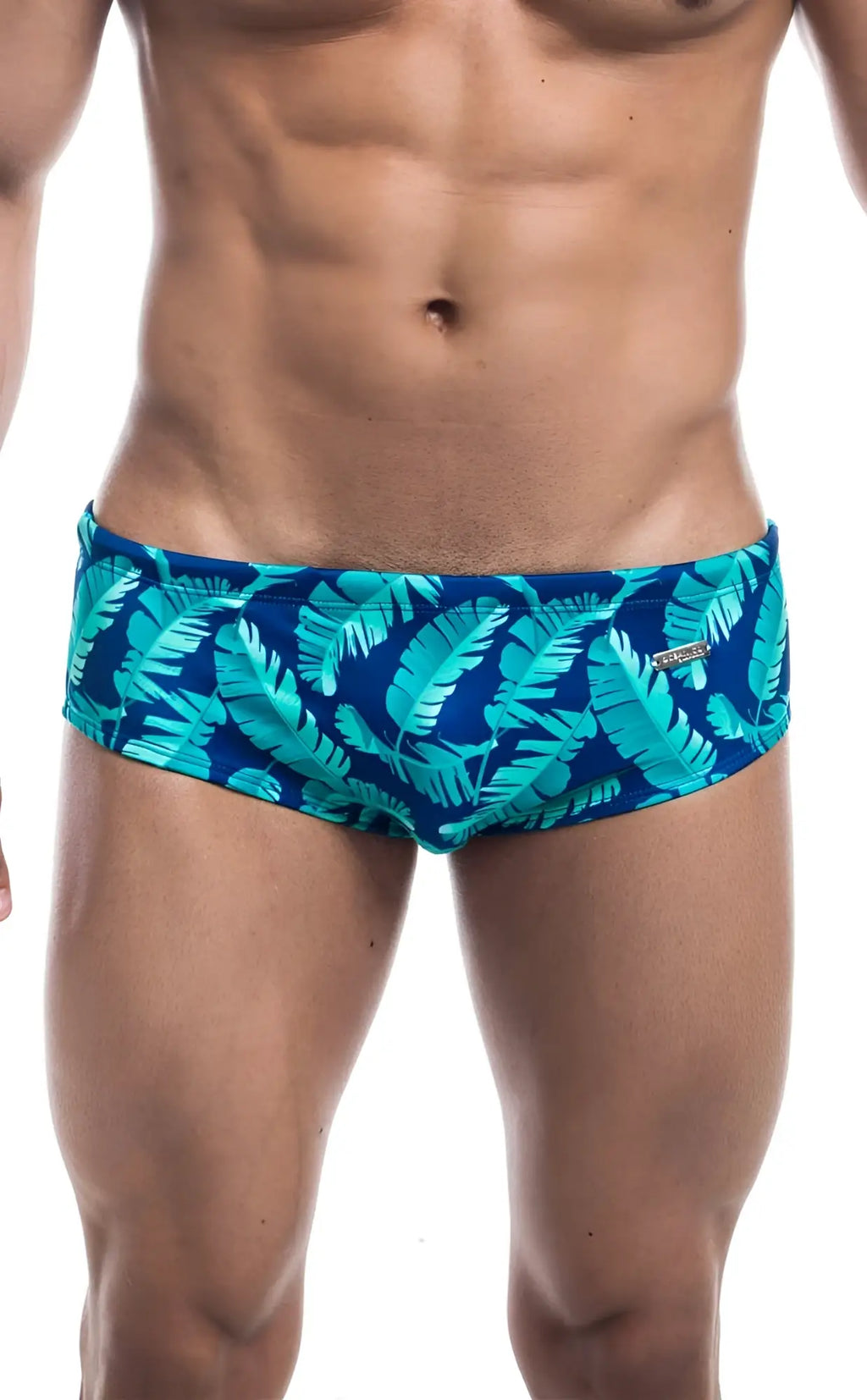 Oceanico swim brief blue swim trunks with vibrant turquoise tropical leaf pattern ideal for beachwear