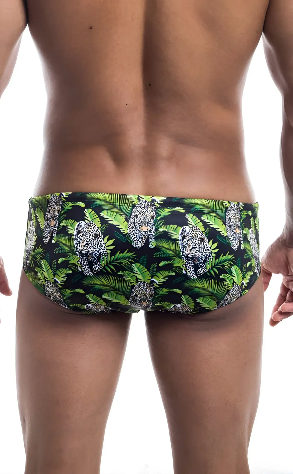 Oceanico swim brief in green and black with vibrant jungle leopard and tropical leaf pattern for swimming