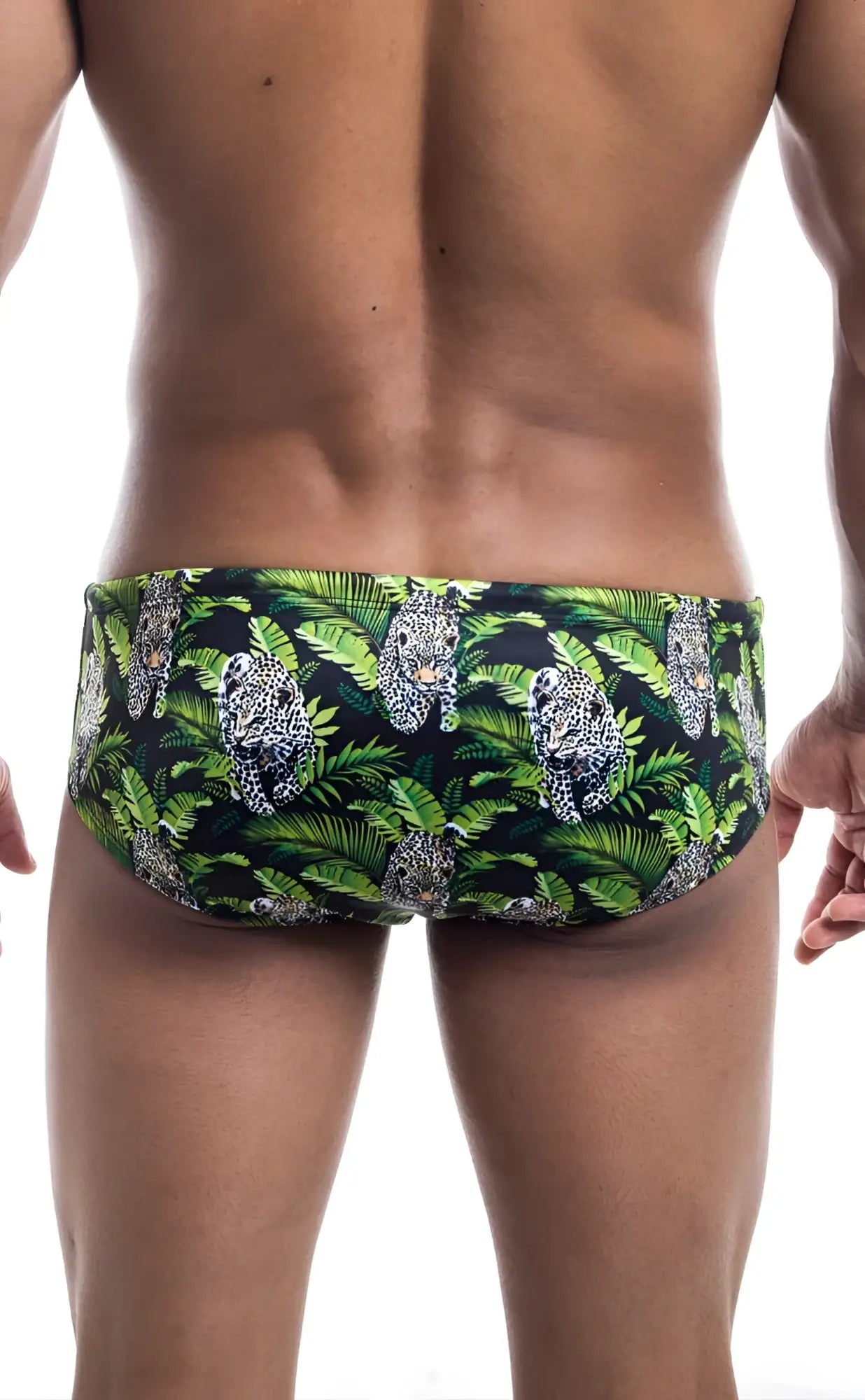 Oceanico swim brief in green and black with vibrant jungle leopard and tropical leaf pattern for swimming