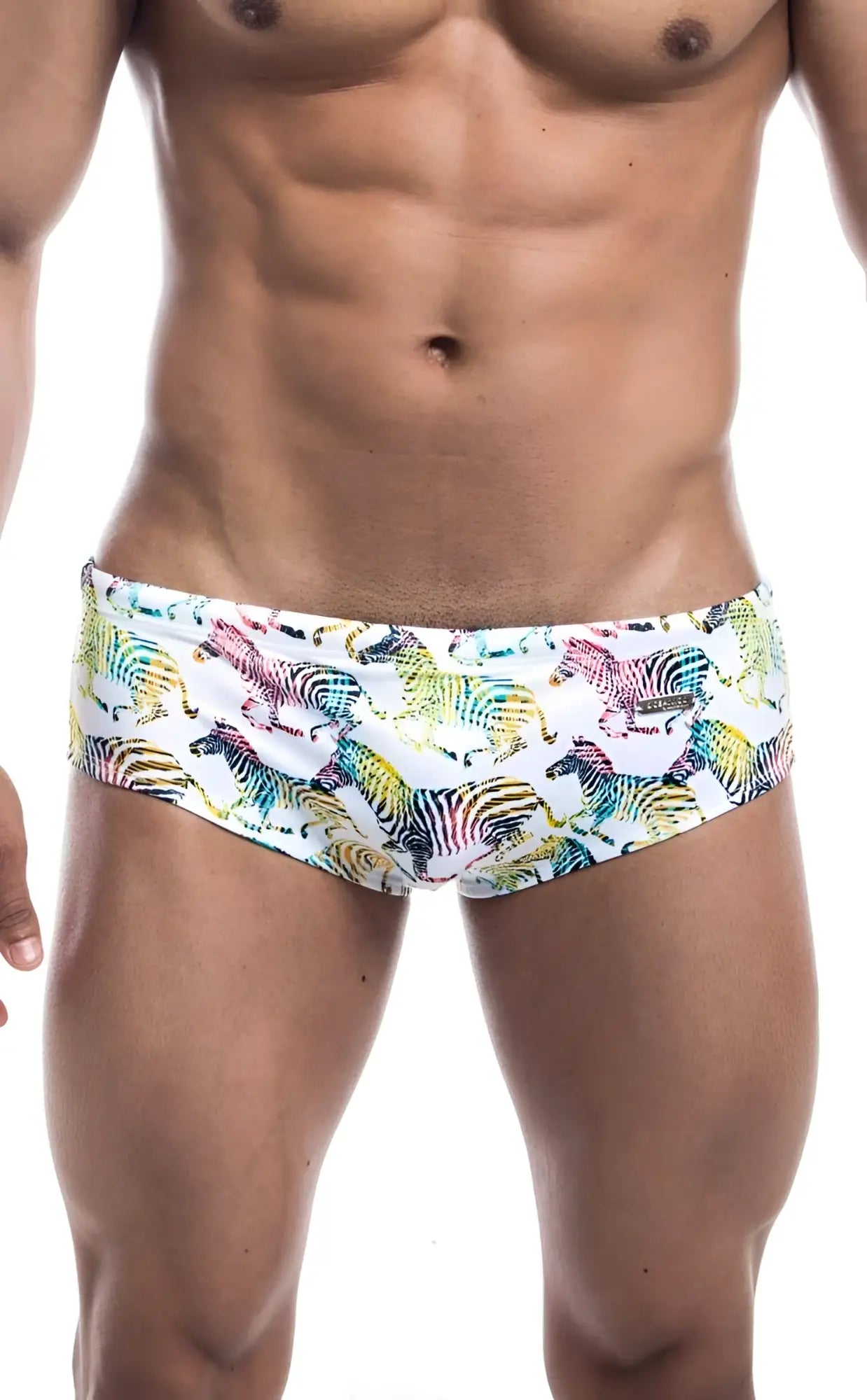 Oceanico swim brief in white with vibrant rainbow zebra pattern swim trunks perfect for beachwear