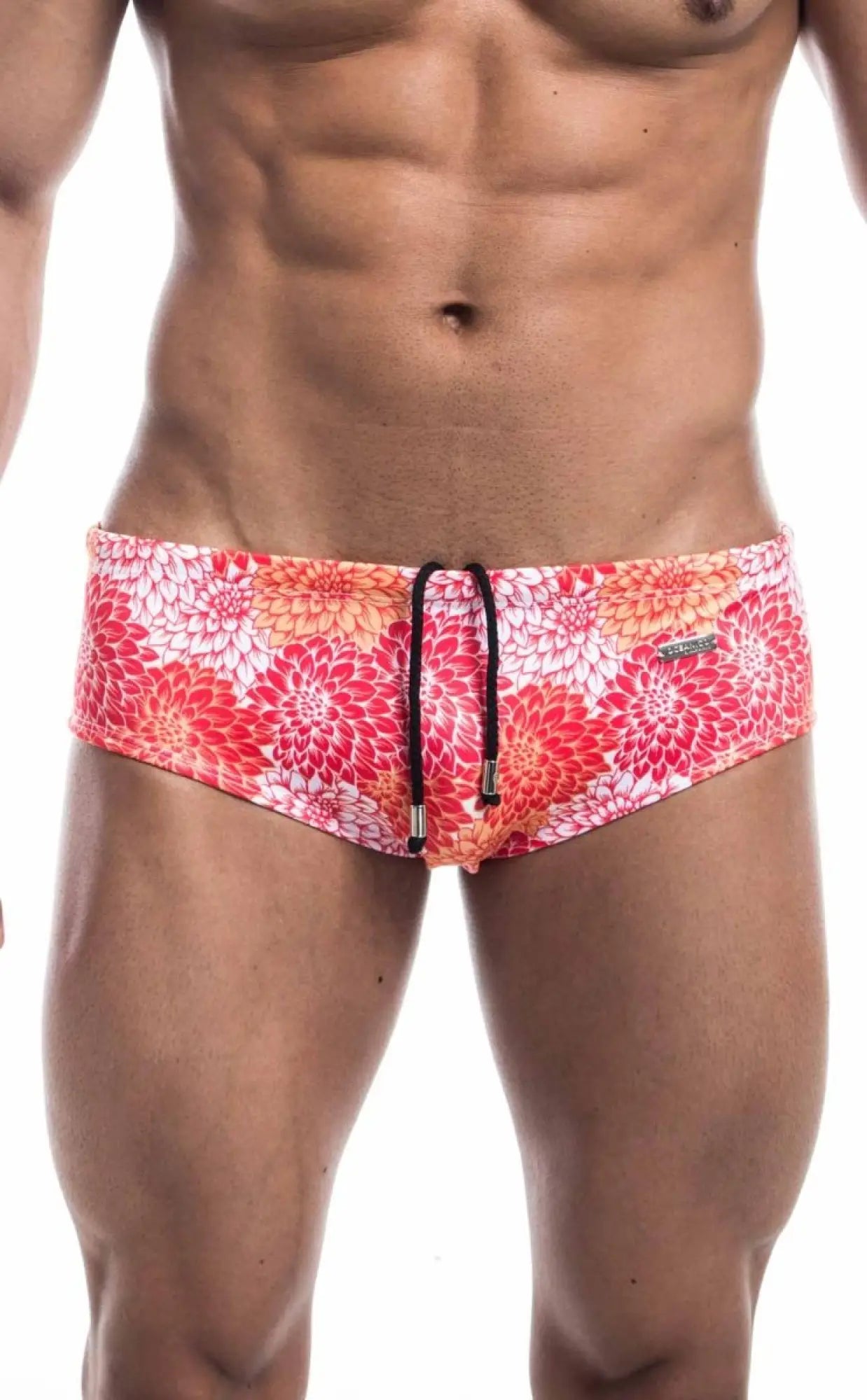 Oceanico swim brief featuring vibrant red and pink floral patterned swim trunks with black drawstring ties