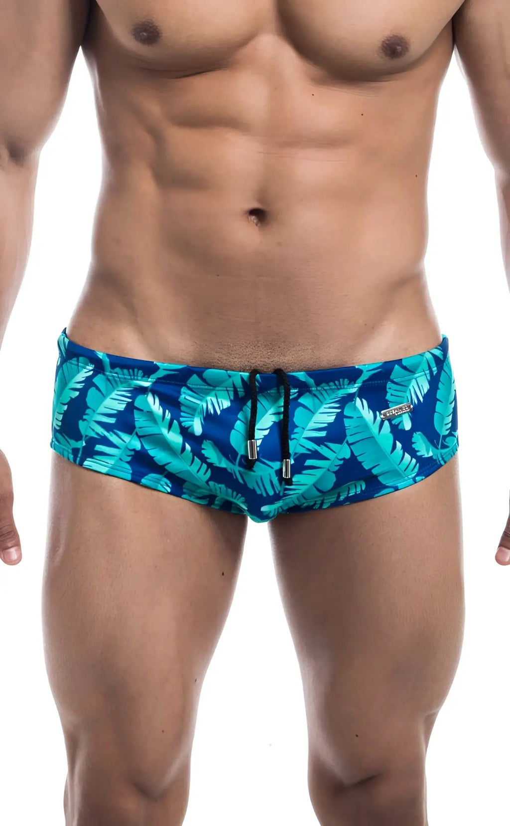 Oceanico swim brief in vibrant turquoise and navy with bold tropical leaf pattern and black drawstring closure