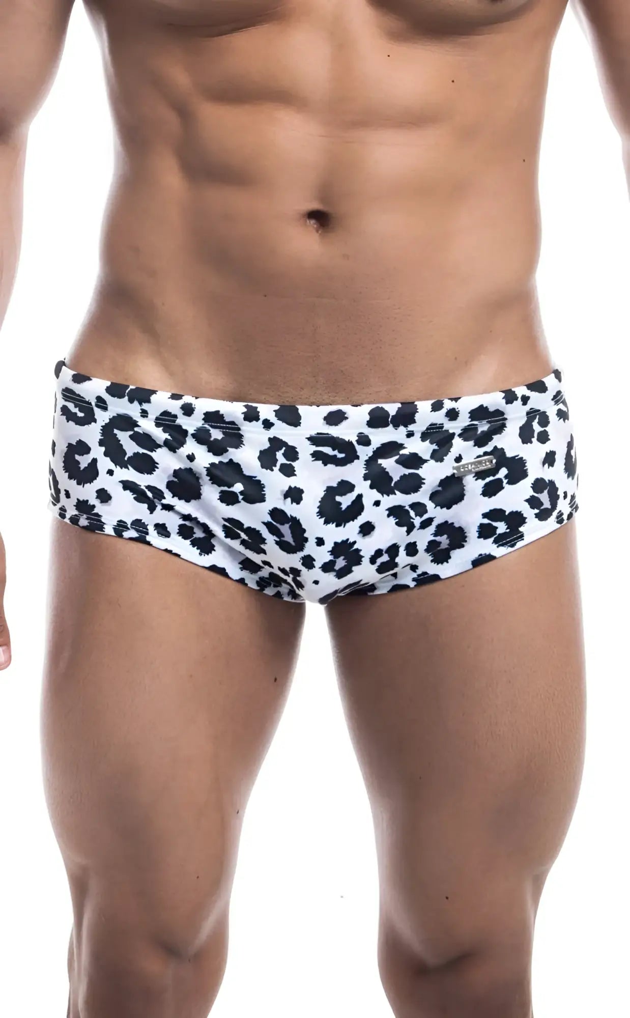 Oceanico swim brief in white swim trunks with black leopard print pattern designed for stylish beachwear