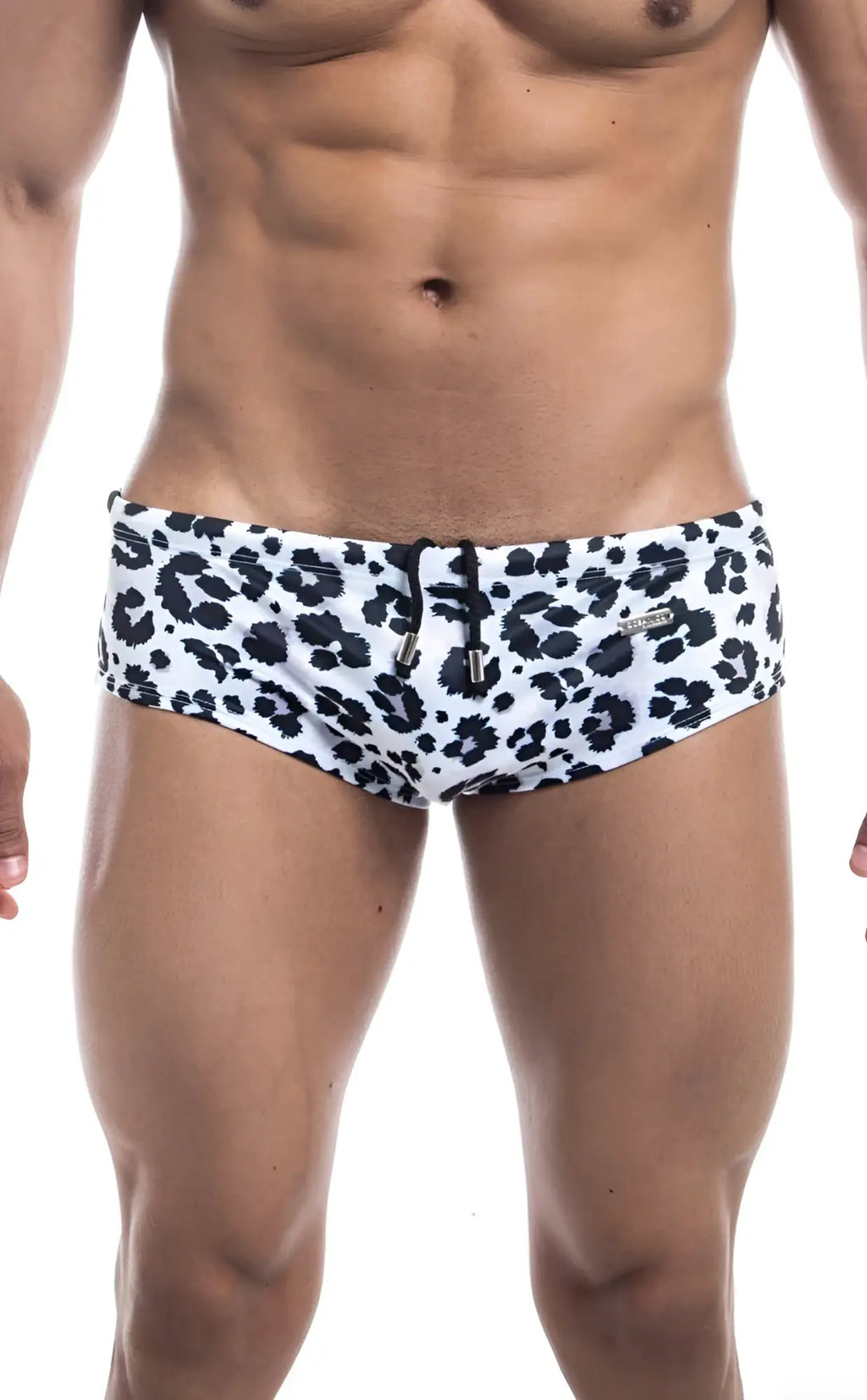 Oceanico swim brief featuring white swim trunks with black leopard print pattern designed for beachwear