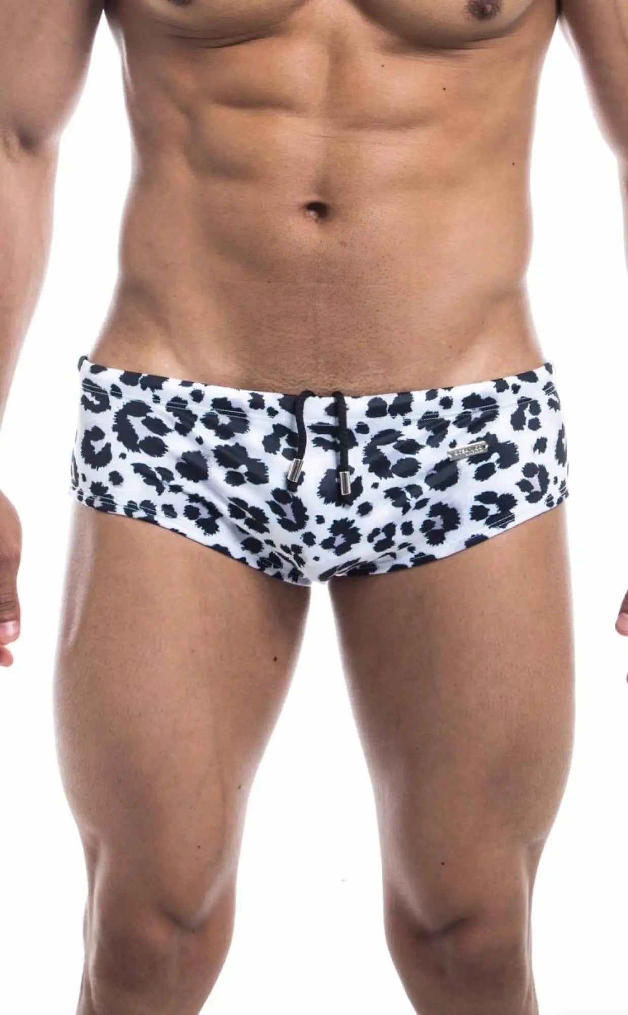 Oceanico swim brief in white with black leopard print pattern designed for stylish beachwear