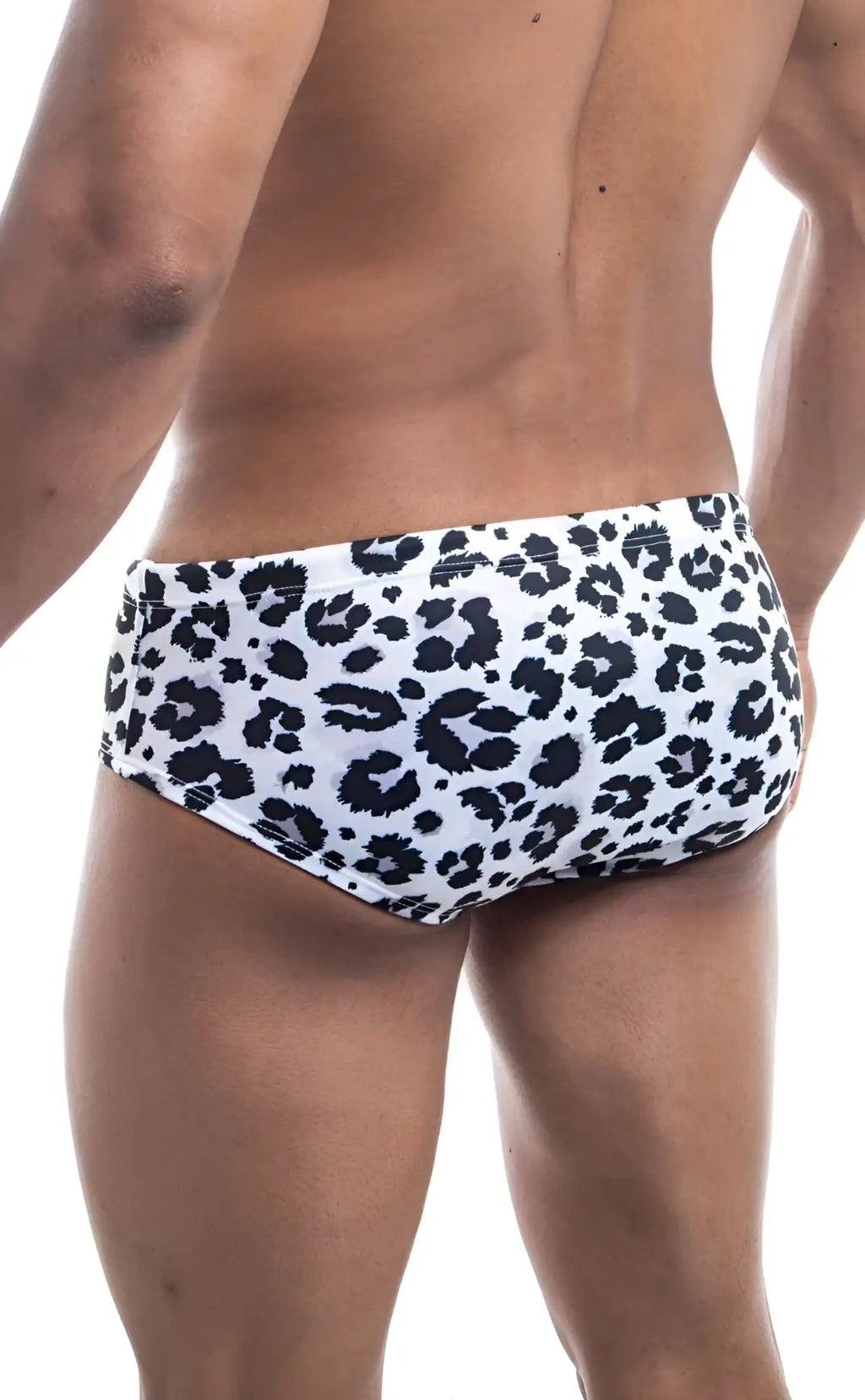 Oceanico swim brief in white swim trunks with bold black leopard print pattern for stylish beachwear