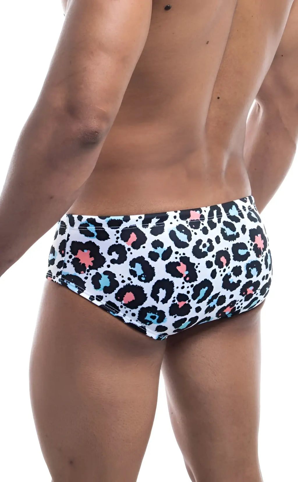 White oceanico swim brief with bold leopard print black spots pink and light blue accents for swimwear use