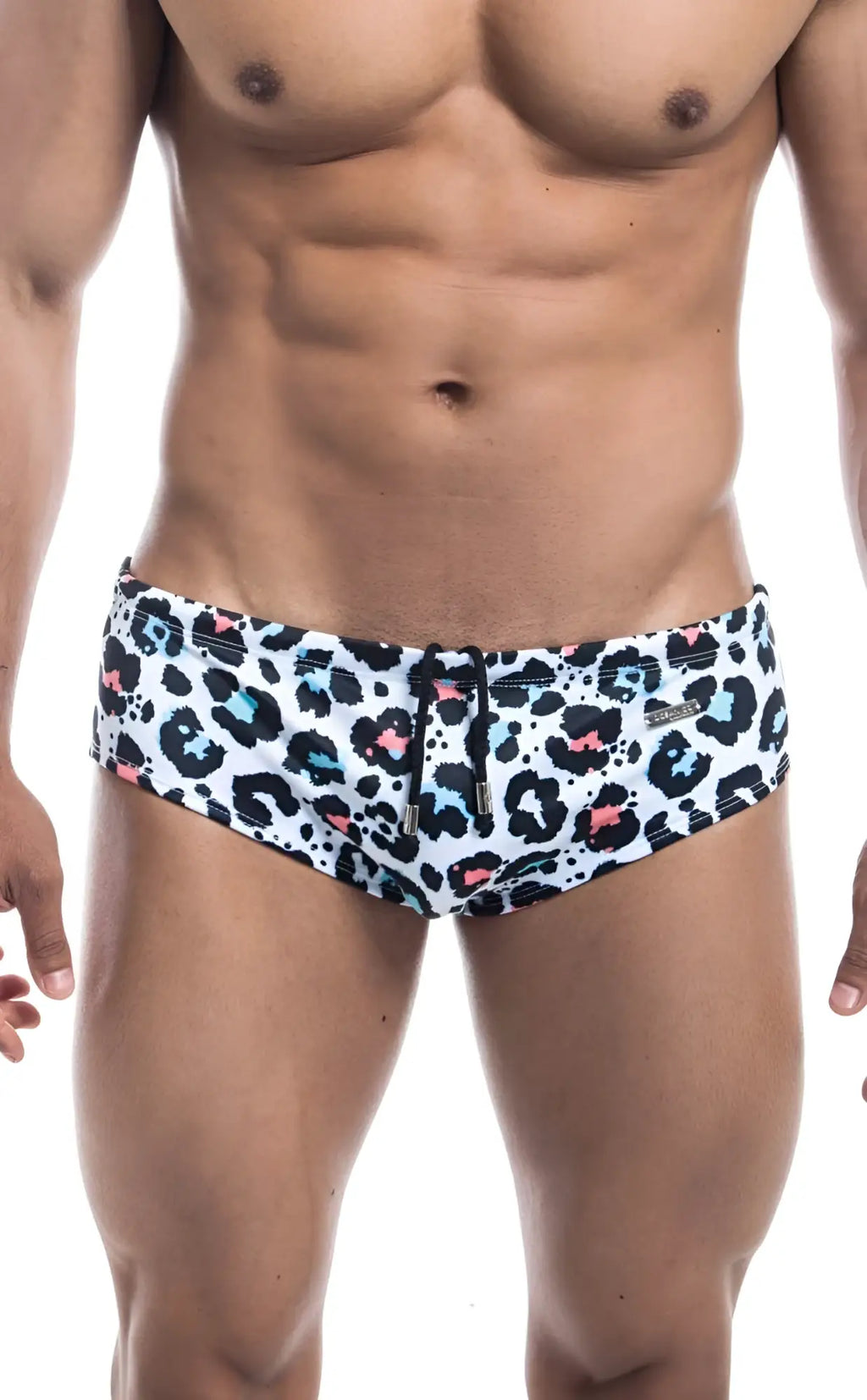 Oceanico swim brief in white with bold leopard print, black spots, pink and light blue accents for a stylish look