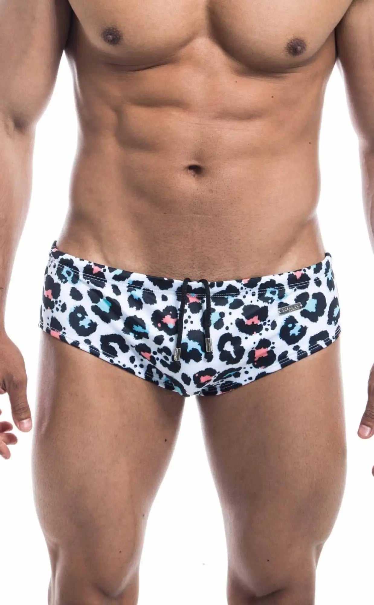 Oceanico swim brief in white with bold leopard print, black spots, pink and light blue accents for a stylish look