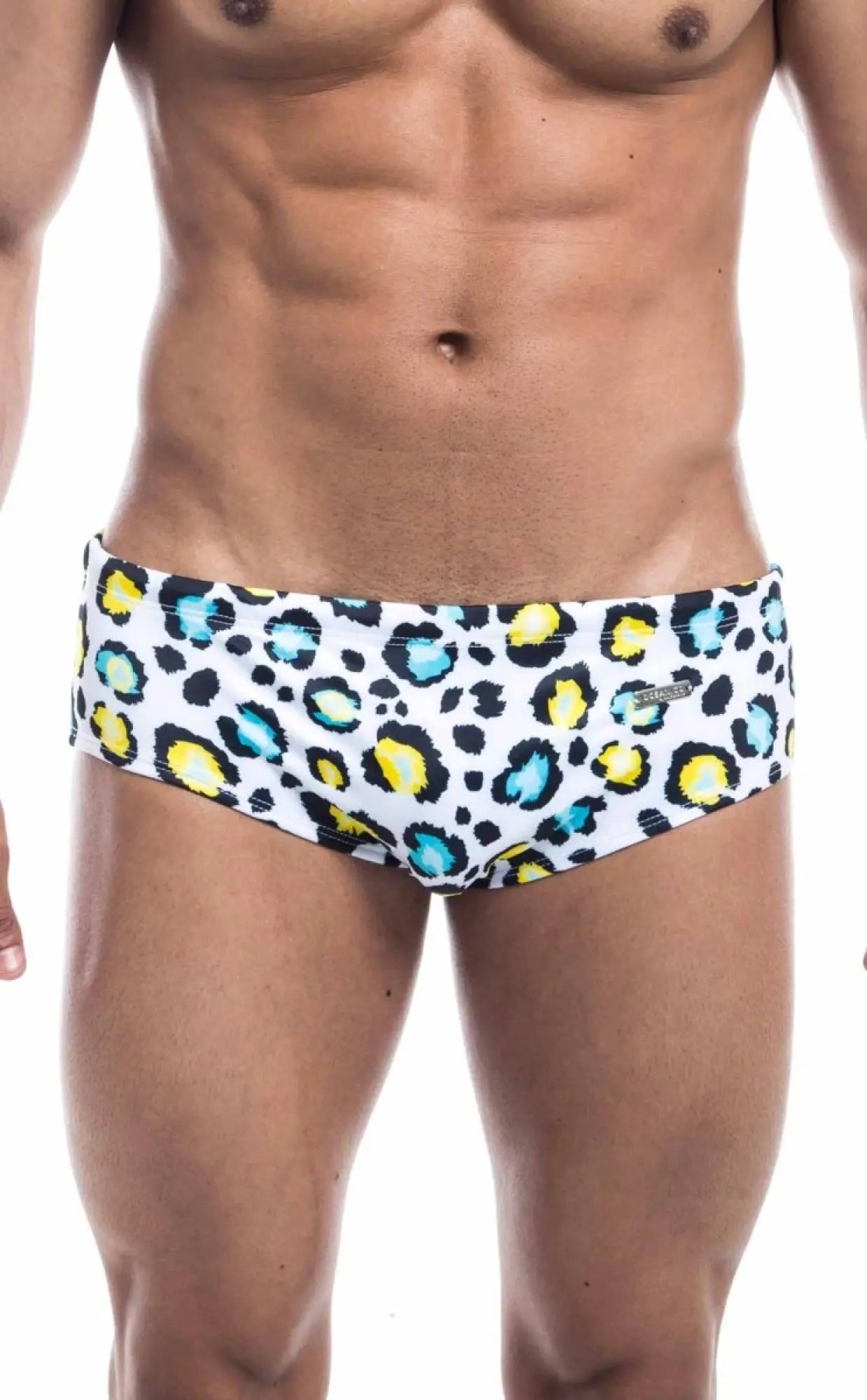 Oceanico swim brief in white with bold leopard print featuring yellow and teal spots for stylish swimwear
