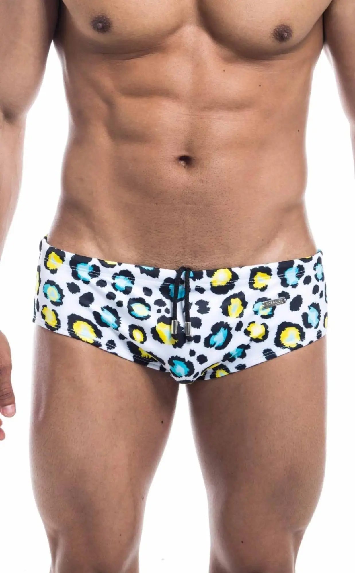 Oceanico swim brief white swim trunks with bold leopard print in yellow and teal spots and black drawstring waistband