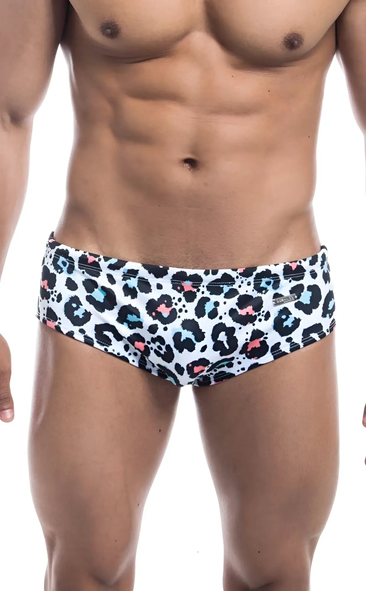 Oceanico swim brief in white with bold leopard print black spots and pink and light blue accents for swimwear use