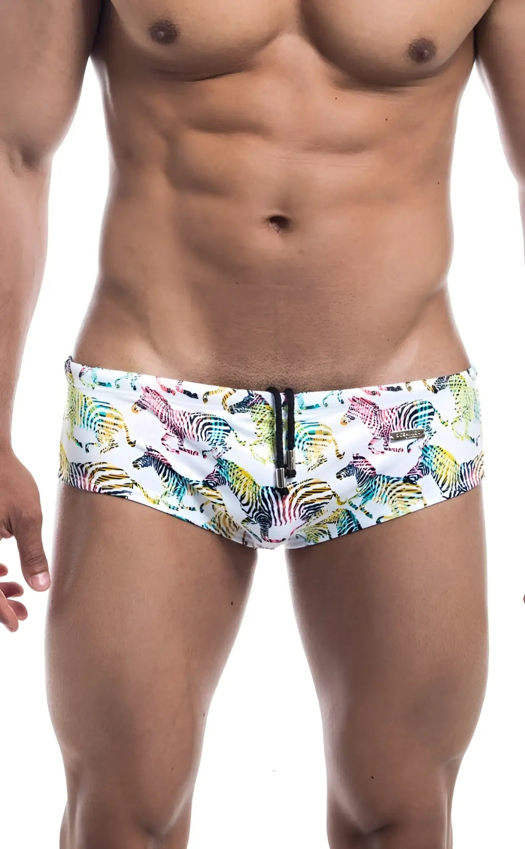 Oceanico swim brief white swim trunks with vibrant multicolored zebra rainbow stripes and black zipper closure