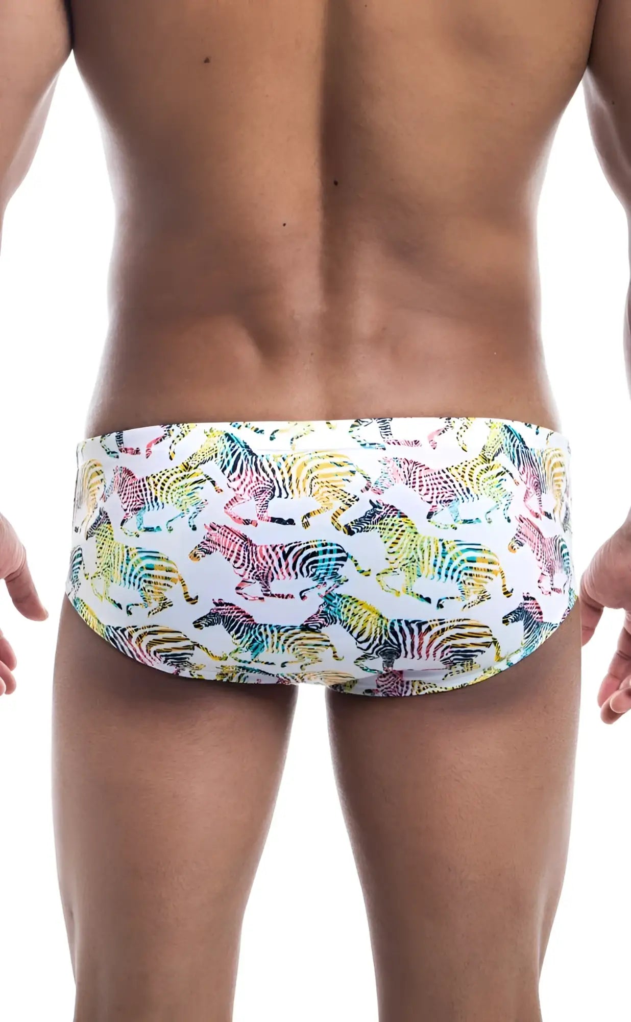 White Oceanico swim brief with vibrant rainbow-colored zebra pattern ideal for stylish swimwear use