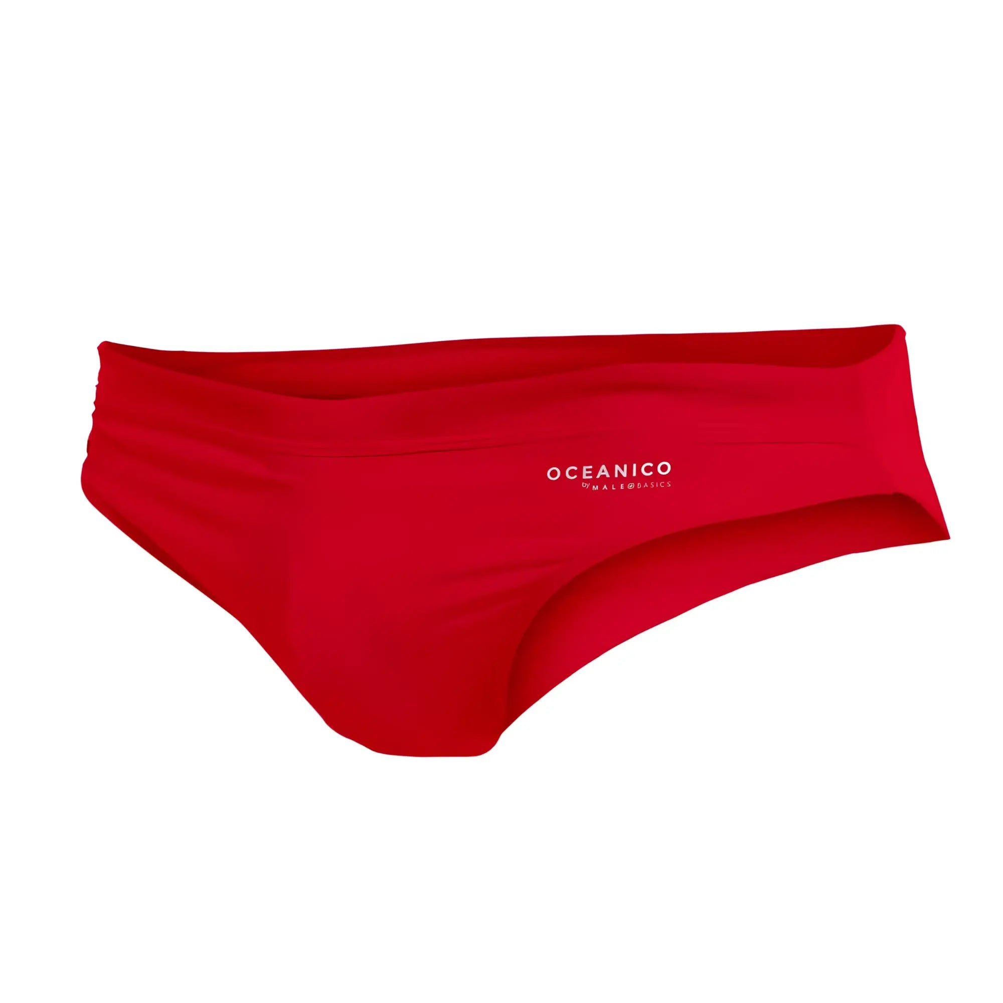 Red oceanico women’s swim briefs with a sleek form-fitting design and subtle white branding for swimming use