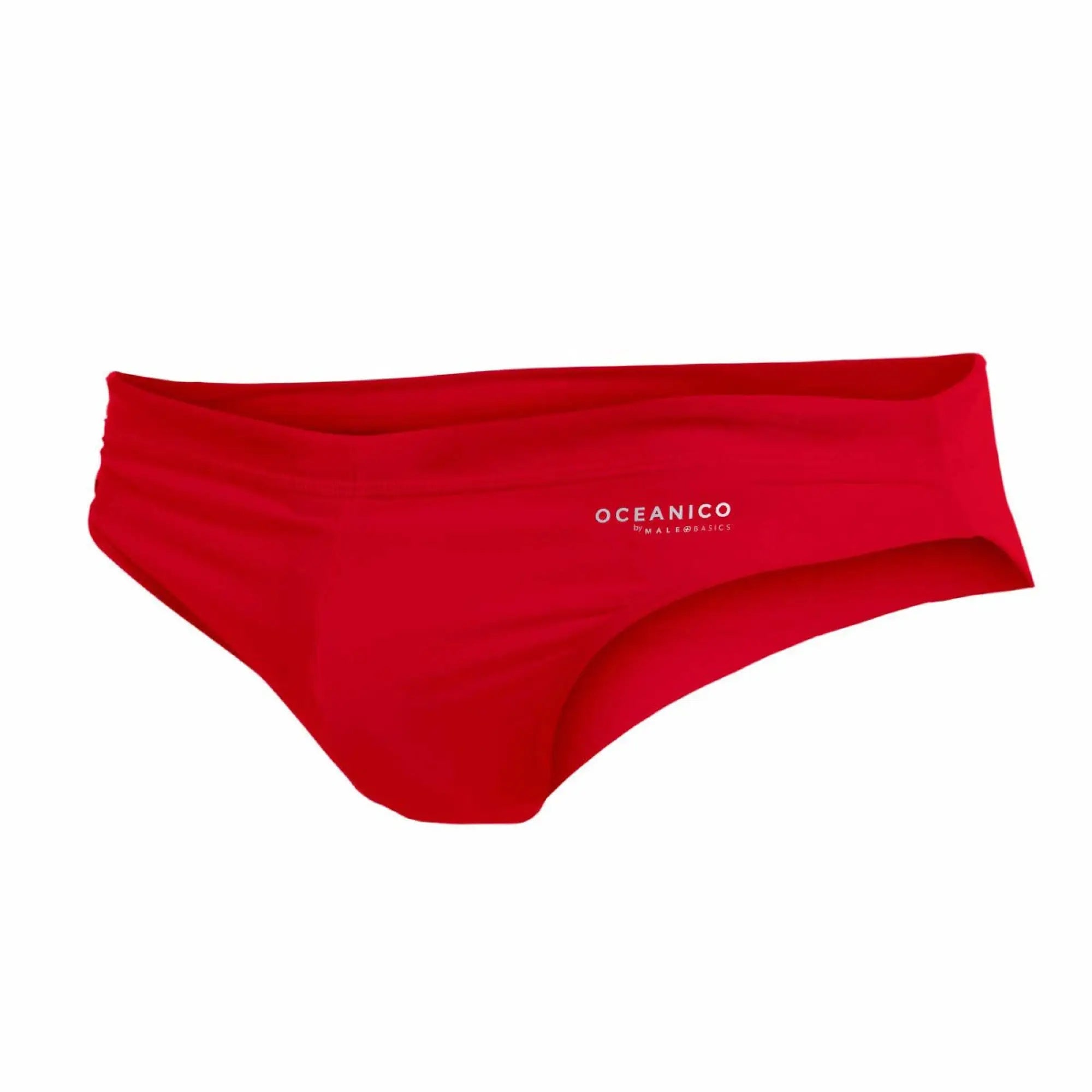 Red oceanico women’s swim briefs with a sleek form-fitting design and subtle white branding for swimming