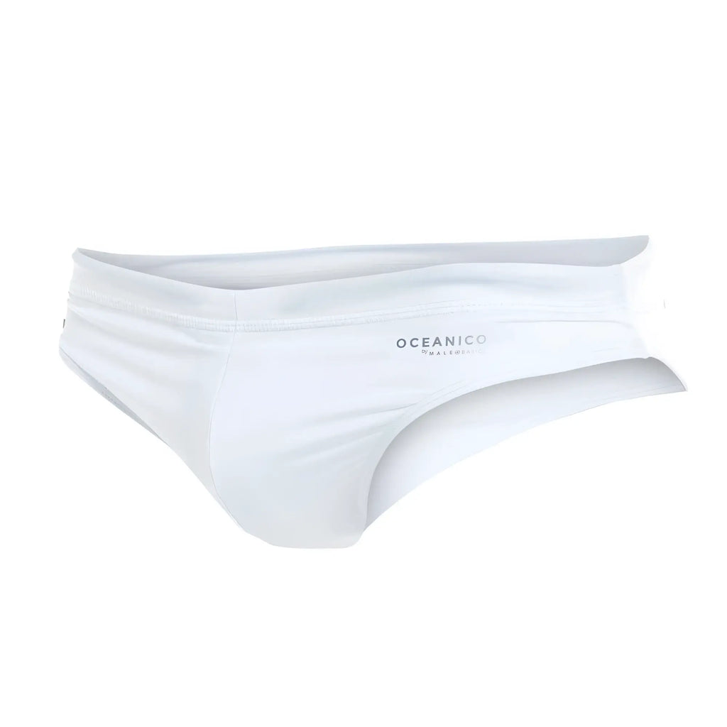 White oceanico swim briefs with sleek form-fitting design and subtle logo on waistband for men’s swimwear