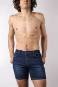 Oceanside denim short in dark blue with classic five-pocket design and stitched detailing in denim material