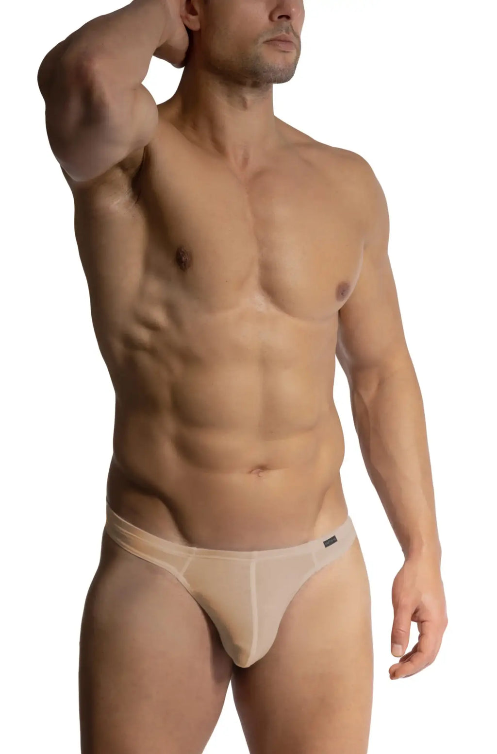 Beige sheer mesh briefs olaf benz ministring with minimalist design and subtle branding on the waistband