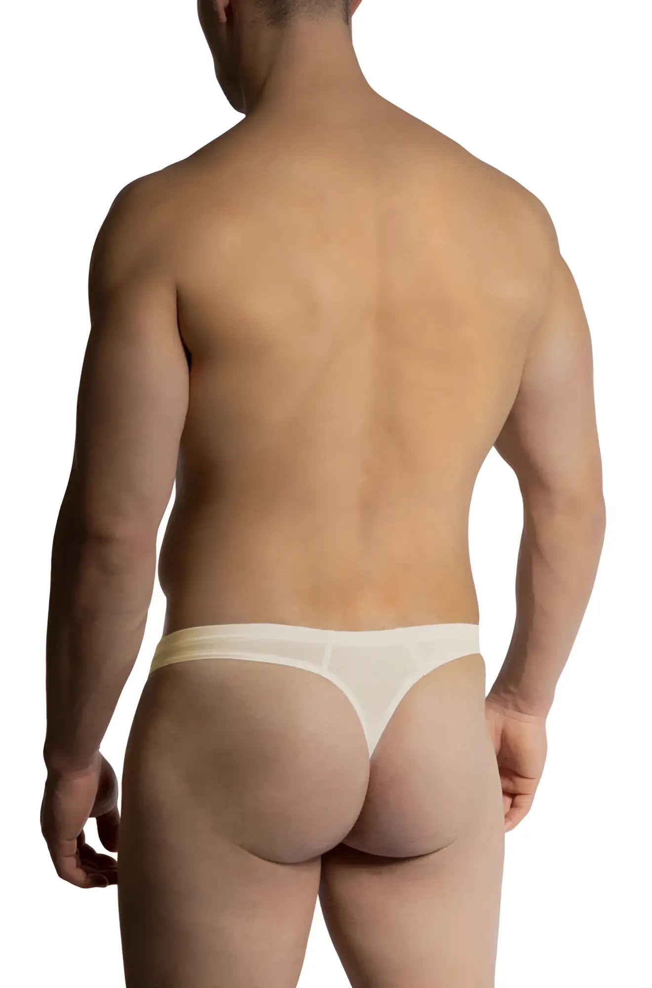 A sleek translucent white Olaf Benz Ministring thong made of smooth stretchy fabric shown from the back side