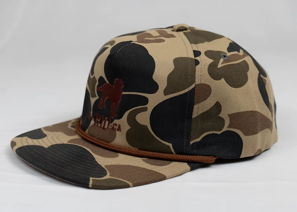 Old school camo unstructured rope hat camouflage baseball cap with brown leather strap and red dog logo embroidery