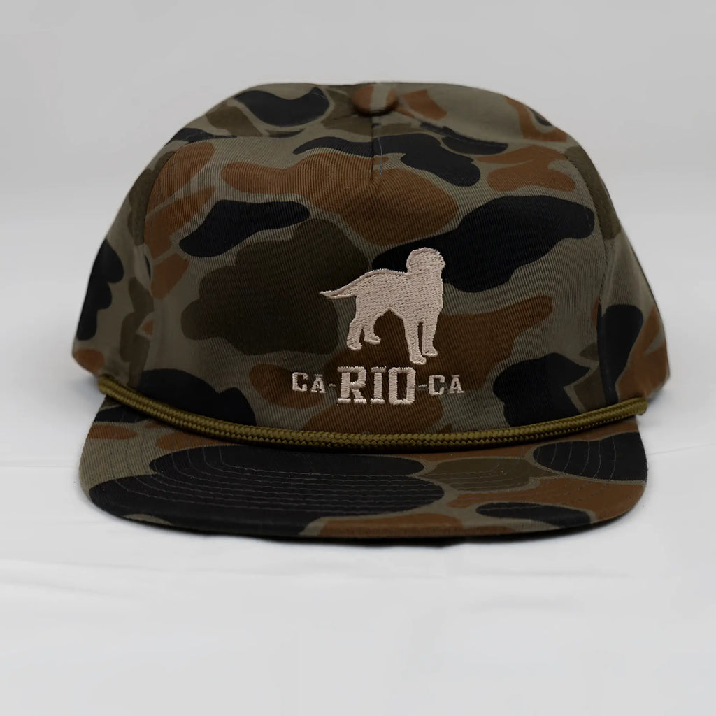 Old school camo unstructured rope hat with camouflage pattern beige dog embroidery and olive green braided brim