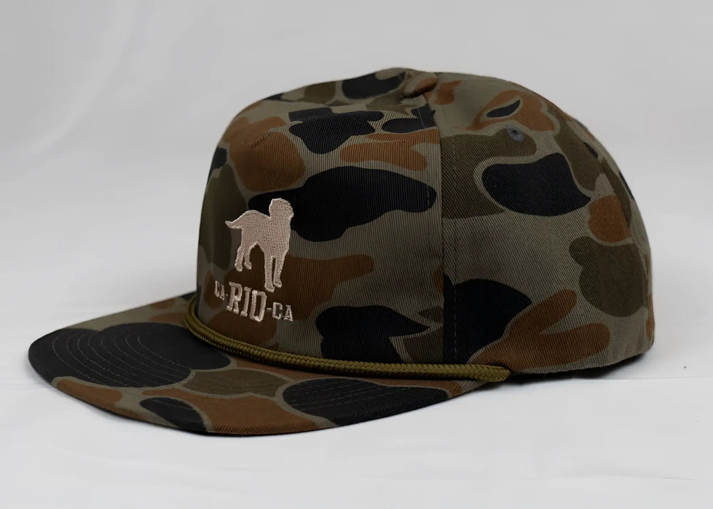 Old school camo unstructured rope hat camouflage snapback cap with beige embroidered dog silhouette and la rid-ca text