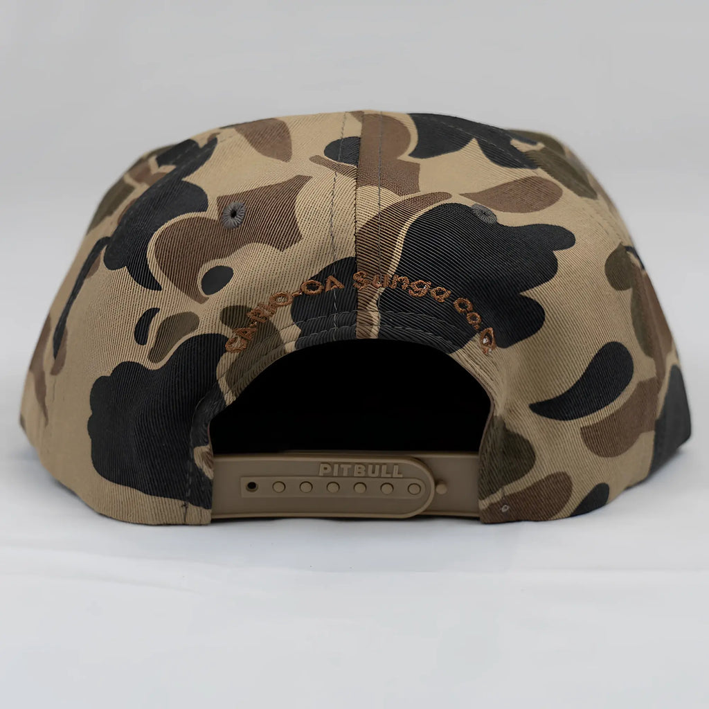 Old school camo unstructured rope snapback hat in tan brown and black camouflage pattern