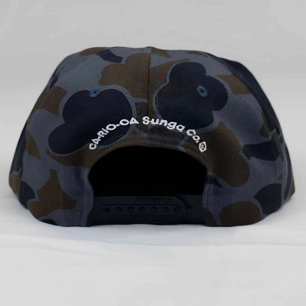 Back side of an old school camo unstructured rope hat in dark gray and brown camouflage with a white embroidered logo