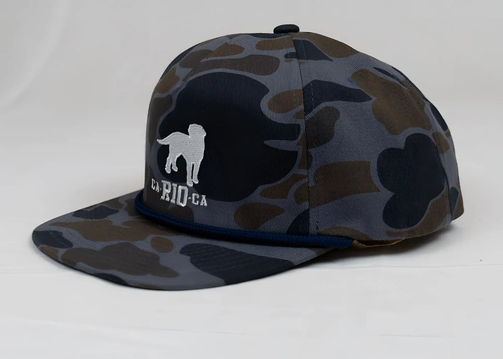 Old school camo unstructured rope hat dark gray and brown camouflage snapback with white embroidered dog and ca rio ca text