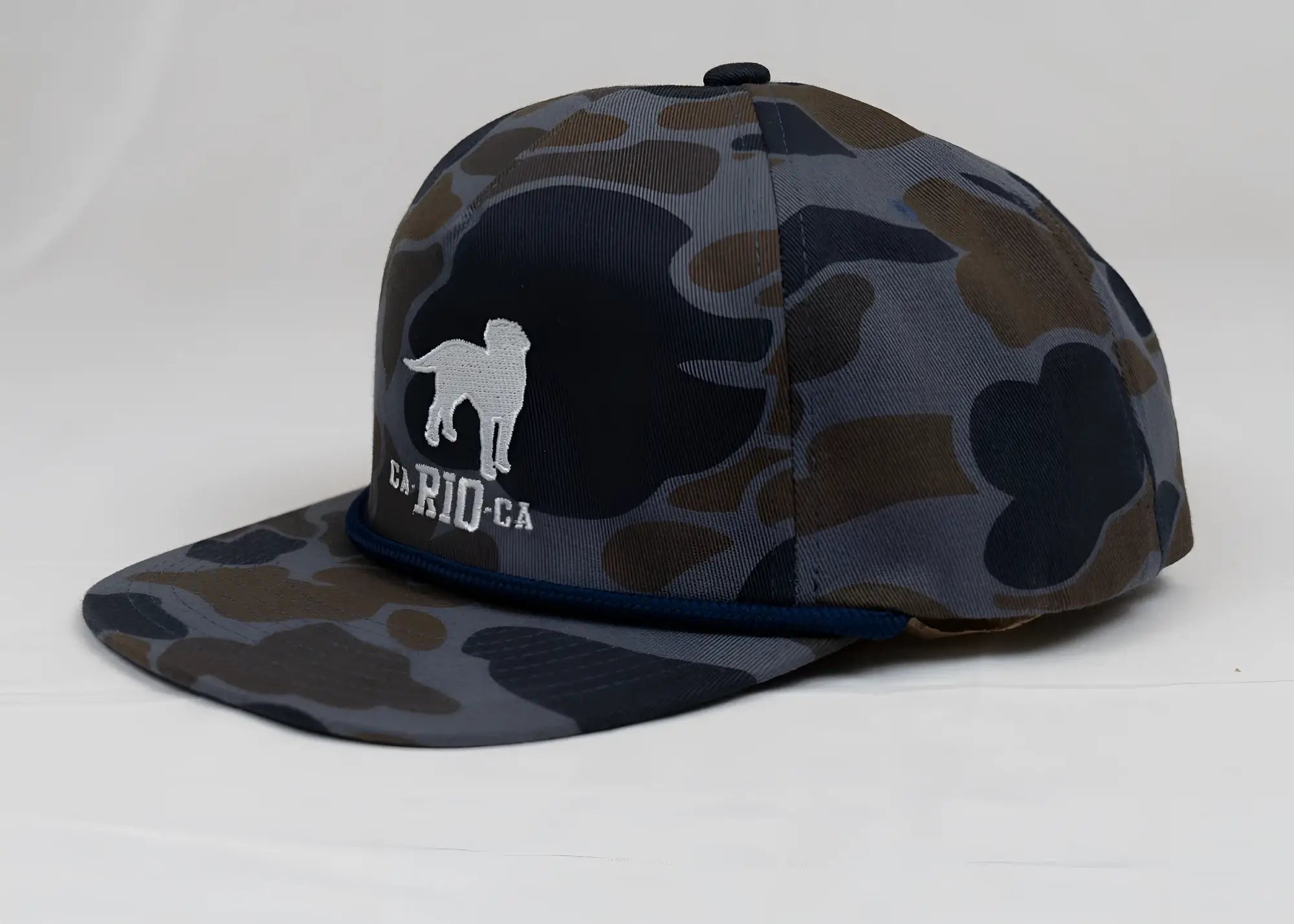 Old school camo unstructured rope hat dark gray and brown camouflage snapback with white embroidered dog and ca rio ca text