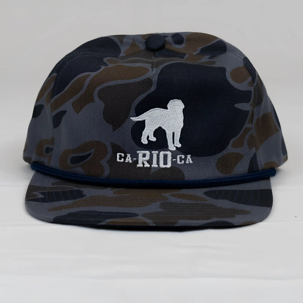 Old school camo unstructured rope hat with navy and brown camouflage snapback and white embroidered dog silhouette