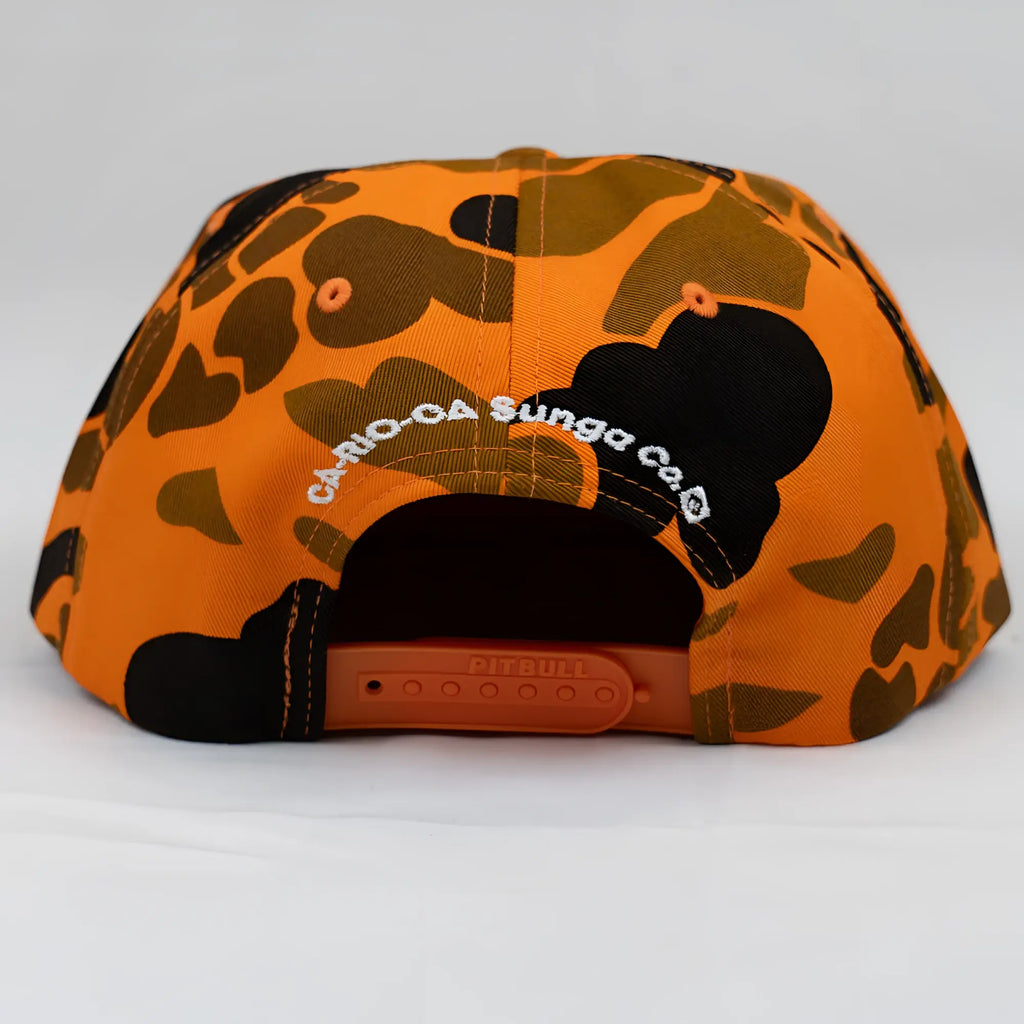 Orange and black camouflage patterned old school camo unstructured rope hat with brown plastic adjustable snapback strap
