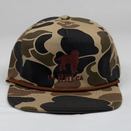 Old school camo unstructured rope hat in tan and black camouflage with brown embroidered dog silhouette and braided cord