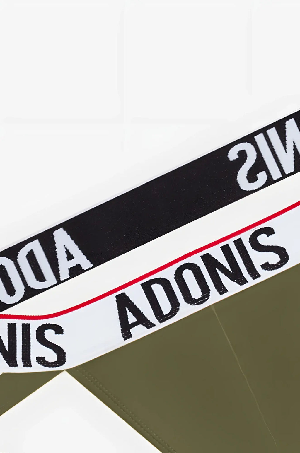 Olive green jockstrap with black and white striped waistband featuring bold adonis lettering and a thin red edge line