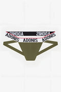Olive green adonis brand jockstrap with black white and red logo waistband design