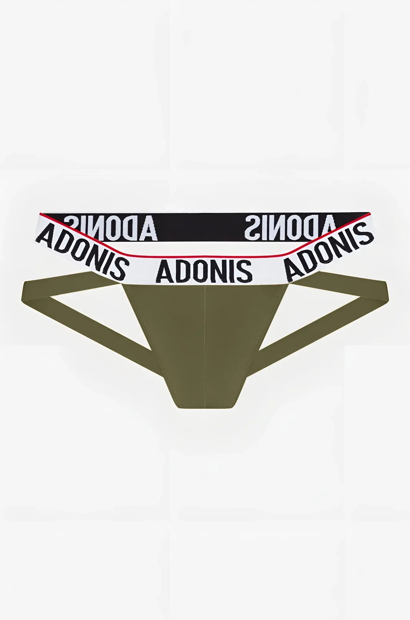 Olive green adonis brand jockstrap with black white and red logo waistband design