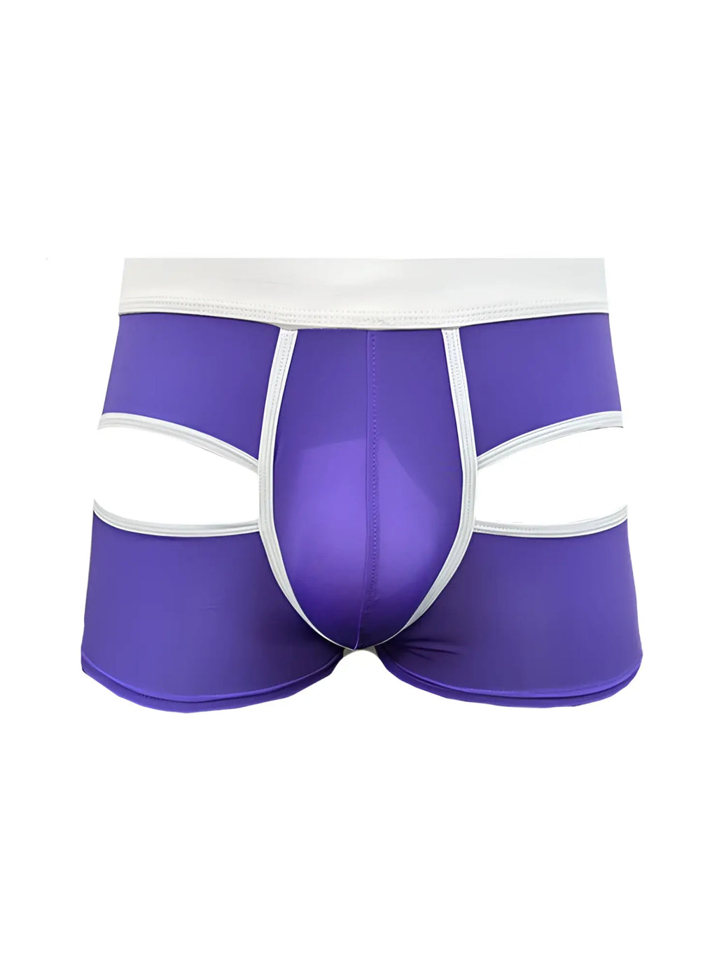 Purple men’s briefs with white trim and open back cut-out design for comfortable and stylish wear